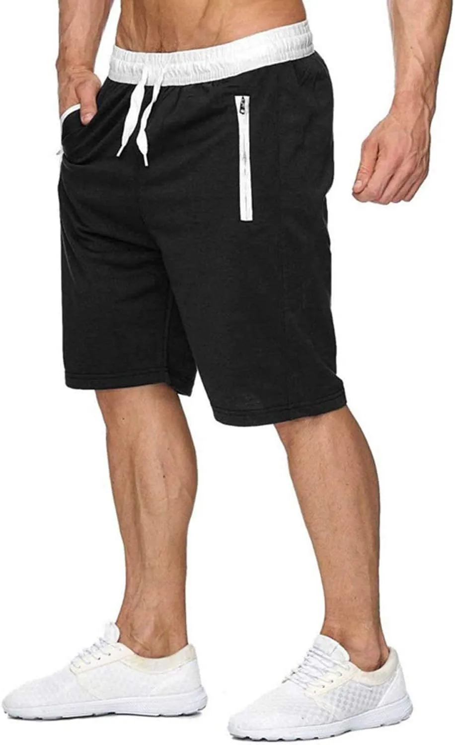 Mens Elastic Waist Drawstring Summer Workout Shorts with Zipper Pockets