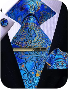 Mens Tie Pocket Square Cufflinks Tie Bar Set, Silk Woven Necktie with Hanky Clip ROBERTO GABBANI