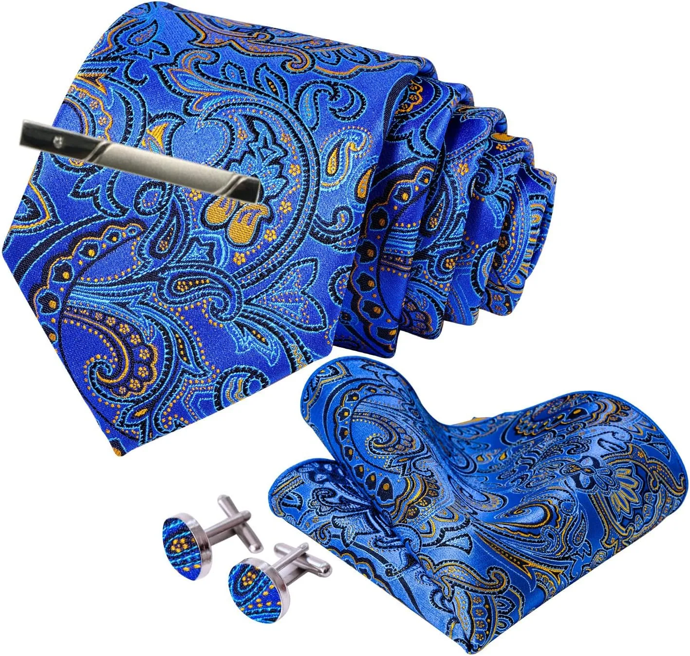 Mens Tie Pocket Square Cufflinks Tie Bar Set, Silk Woven Necktie with Hanky Clip ROBERTO GABBANI