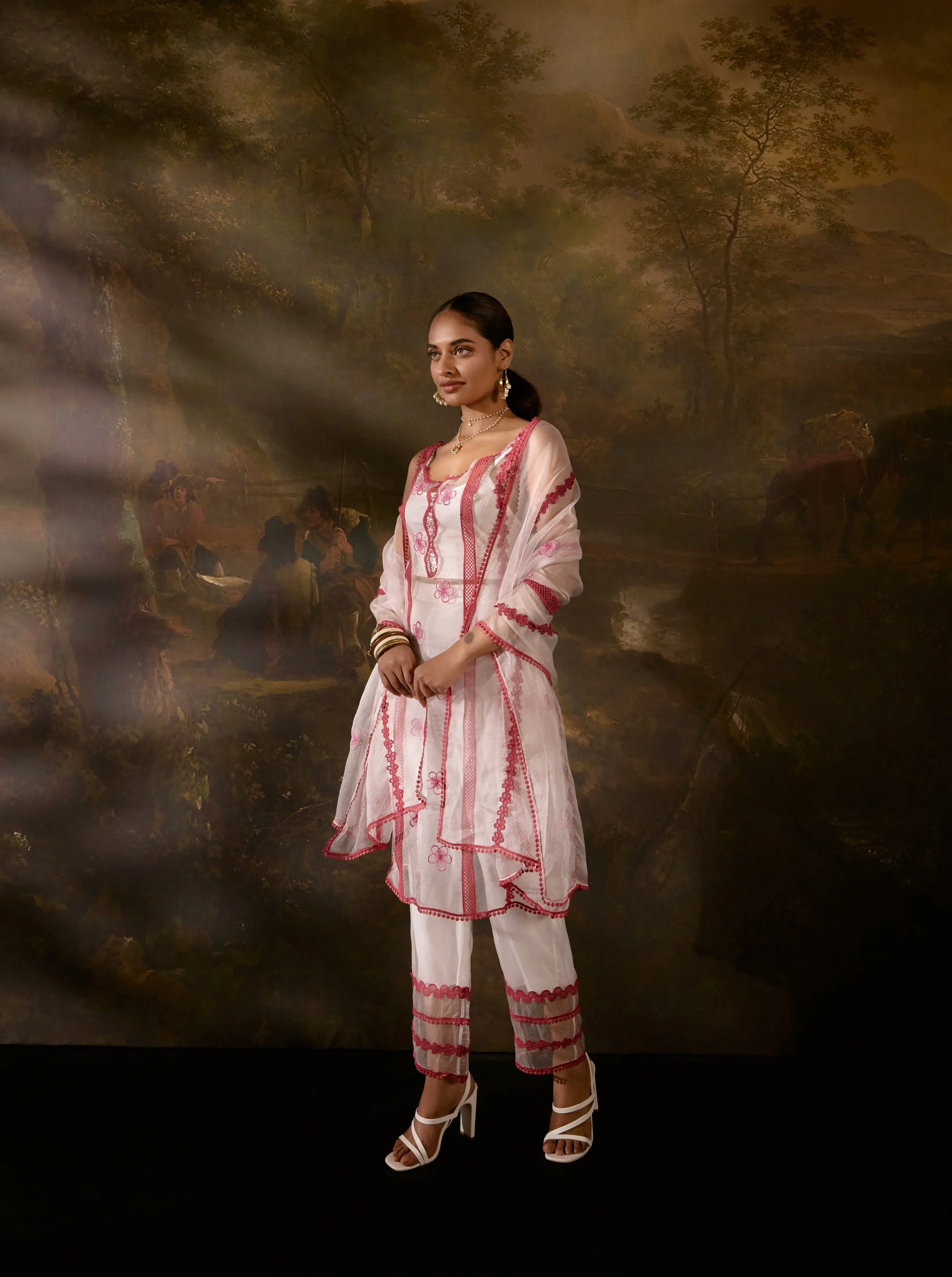 Mitali Sheer White And Red Straight Kurta Set