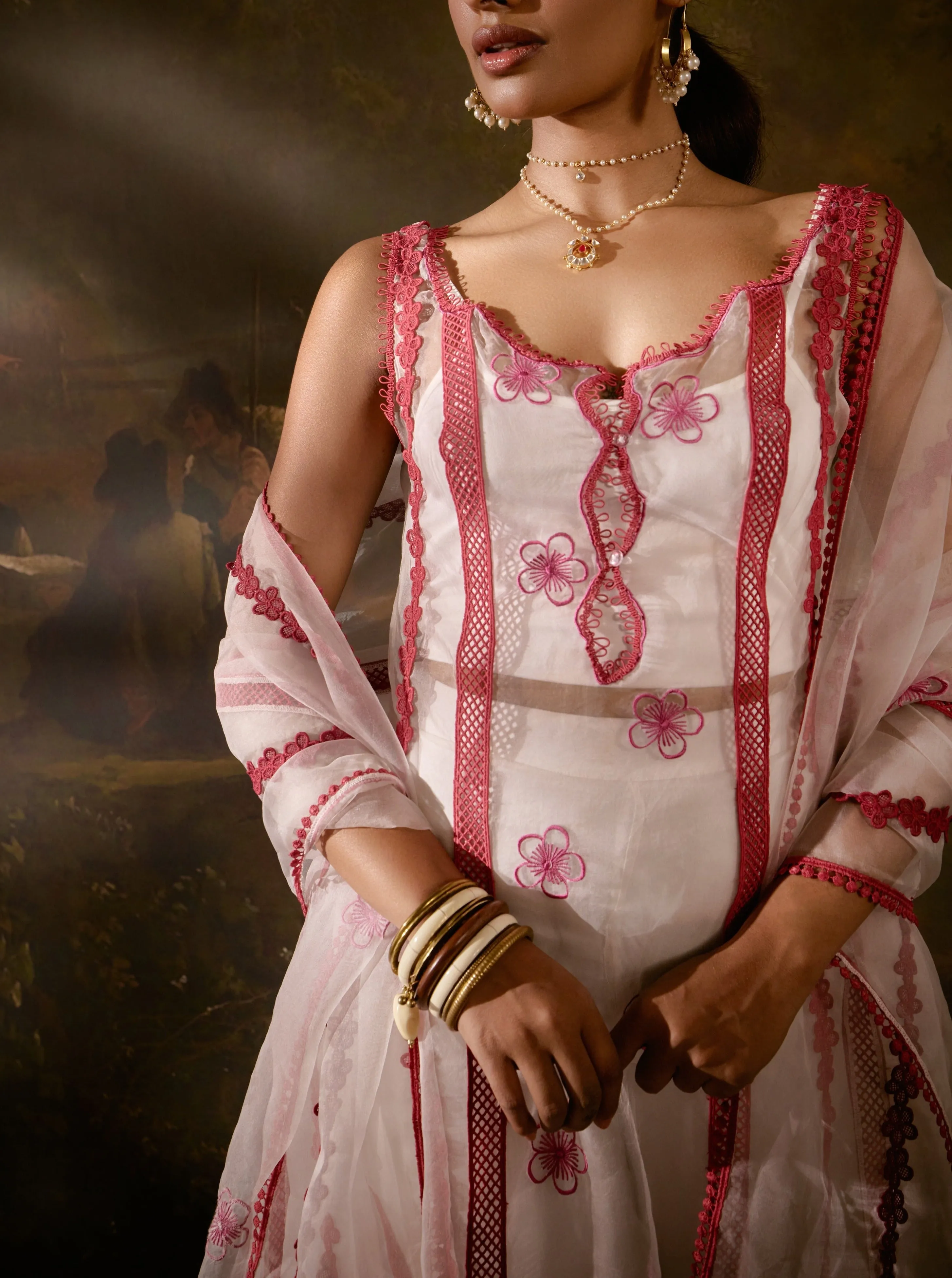 Mitali Sheer White And Red Straight Kurta Set
