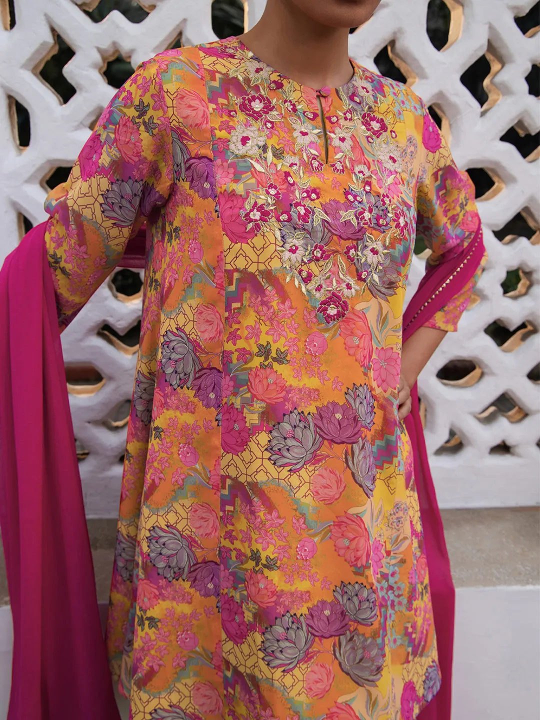 Multicolor Georgette Floral Yoke Embroidery Panelled Kurta Set