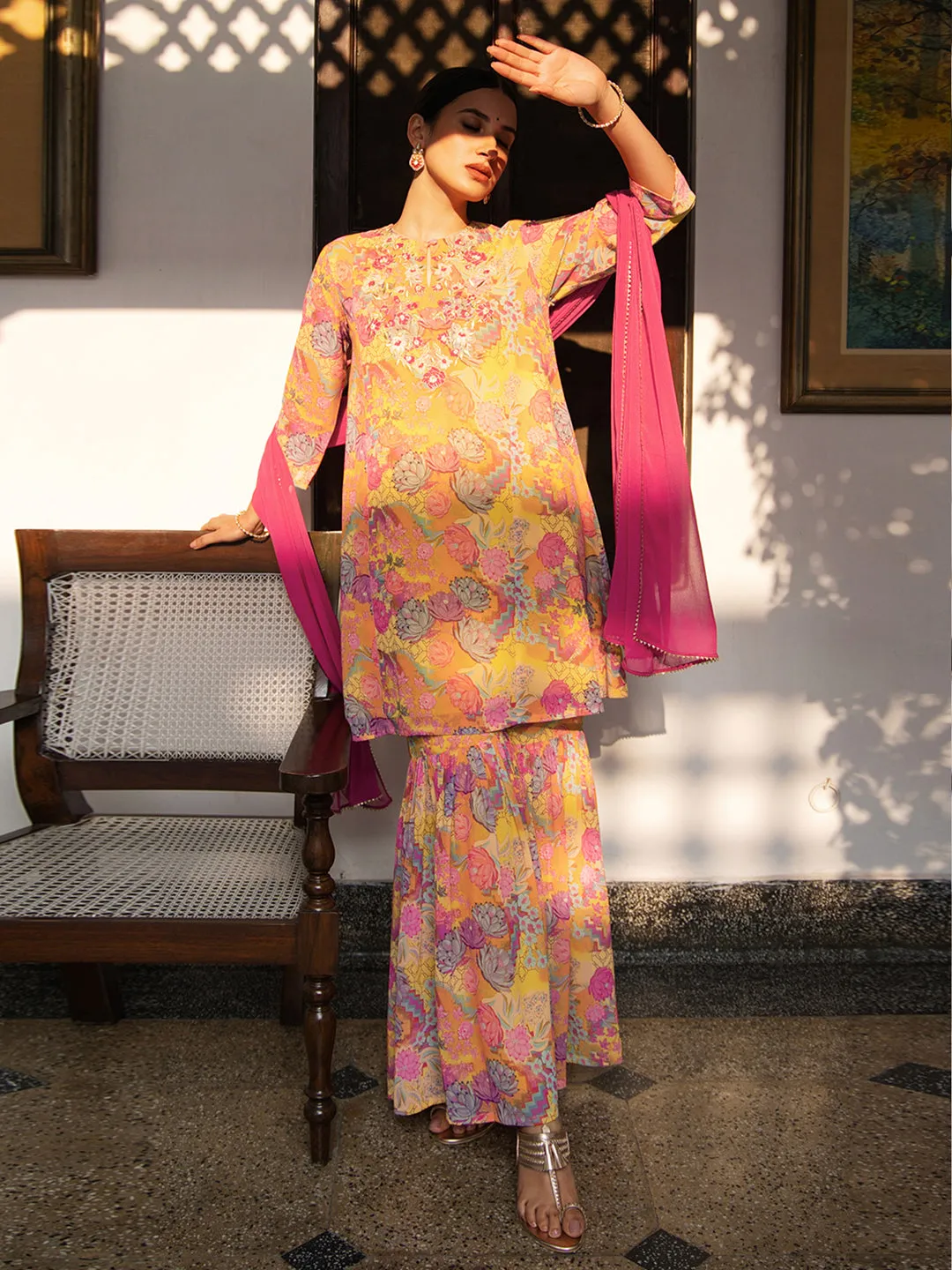 Multicolor Georgette Floral Yoke Embroidery Panelled Kurta Set