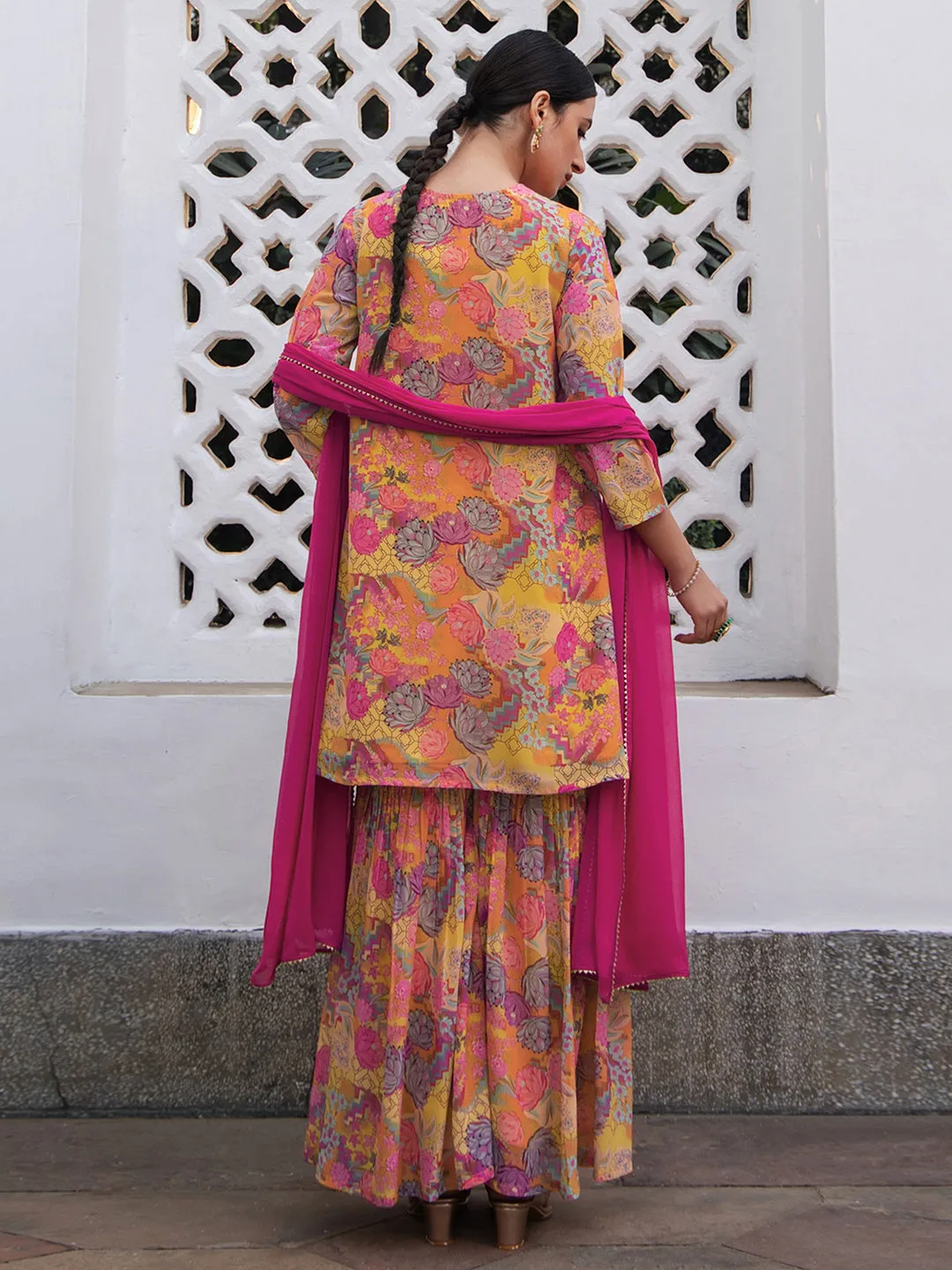 Multicolor Georgette Floral Yoke Embroidery Panelled Kurta Set