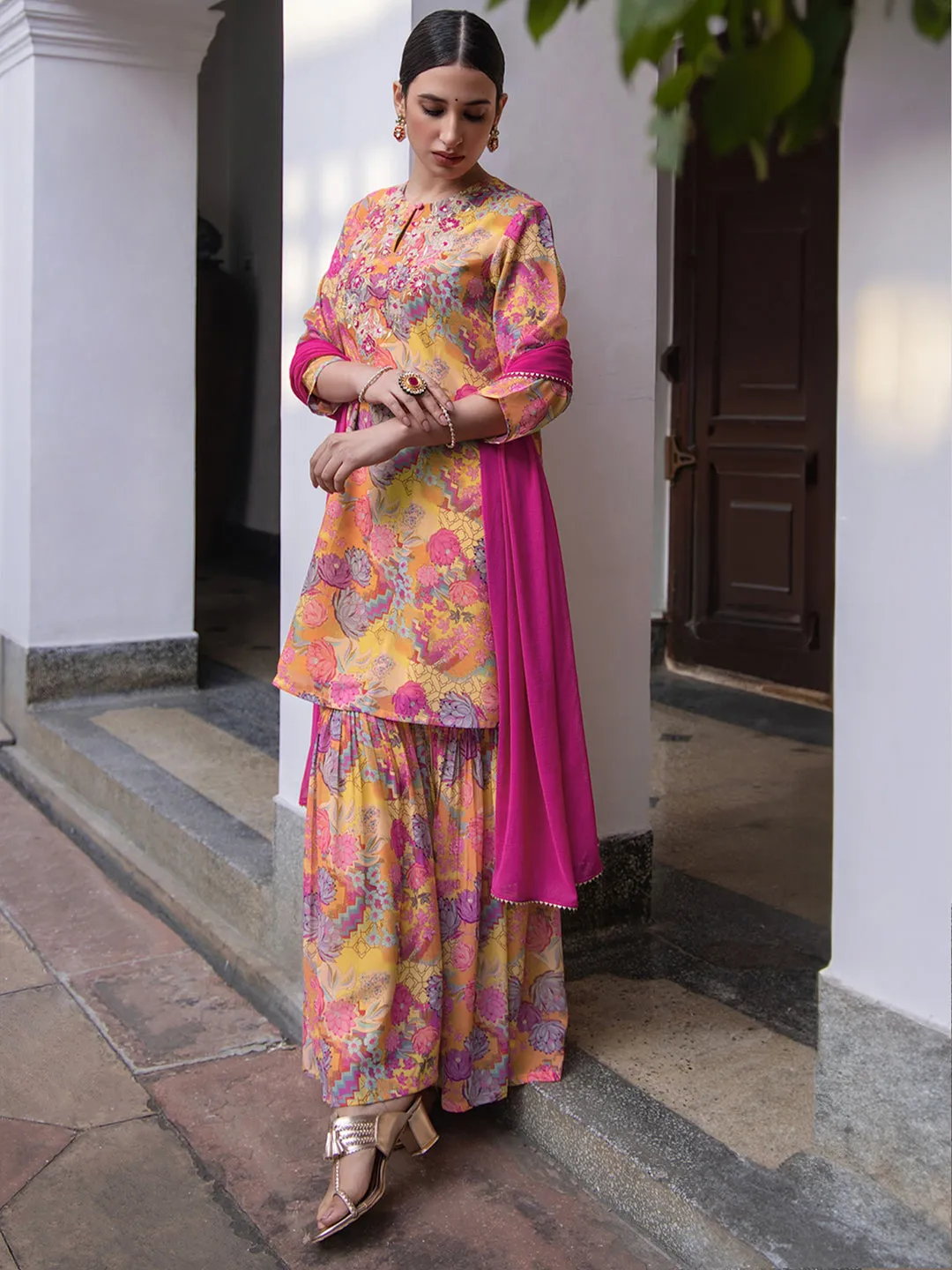 Multicolor Georgette Floral Yoke Embroidery Panelled Kurta Set