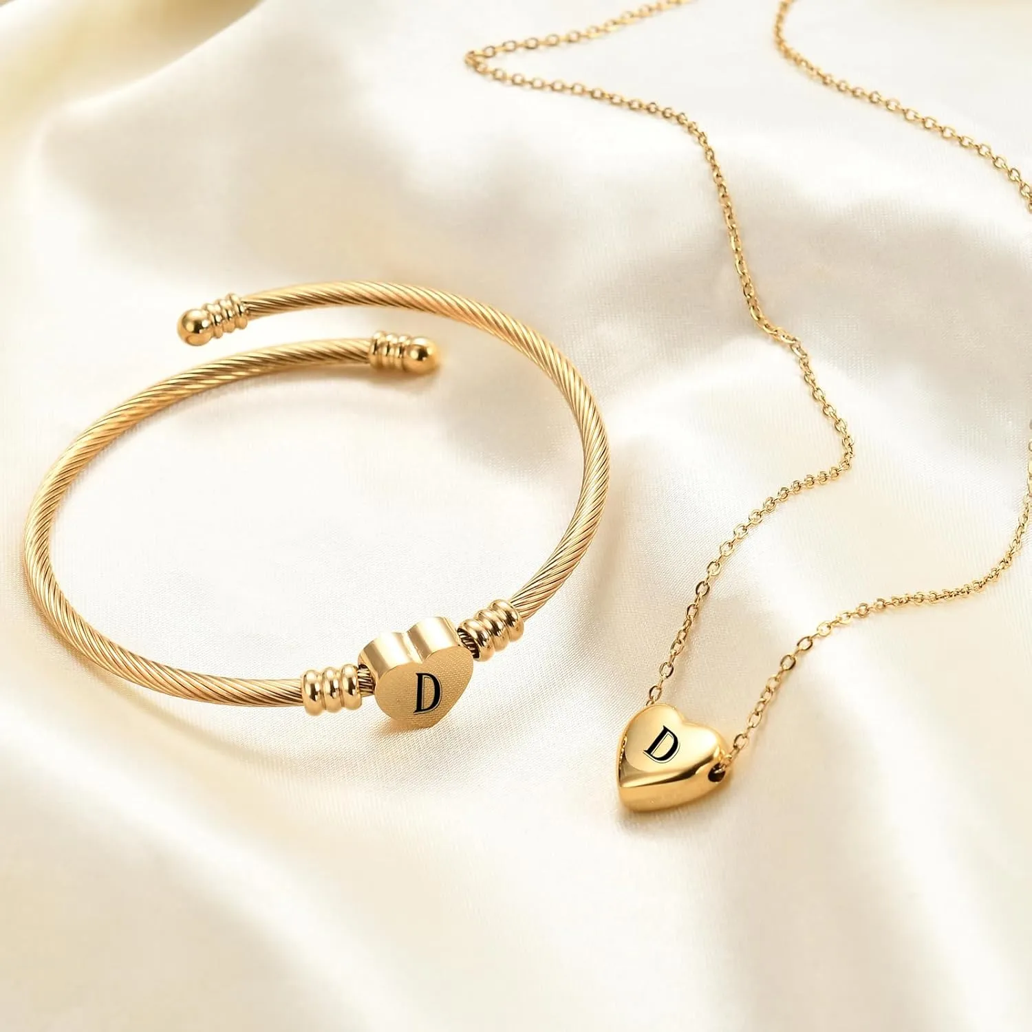MYNENEY NIBASTAR Heart Name Necklace and Bracelet for Women Stainless Steel A-Z letters Initial Statement Jewelry Set for Mother's Day
