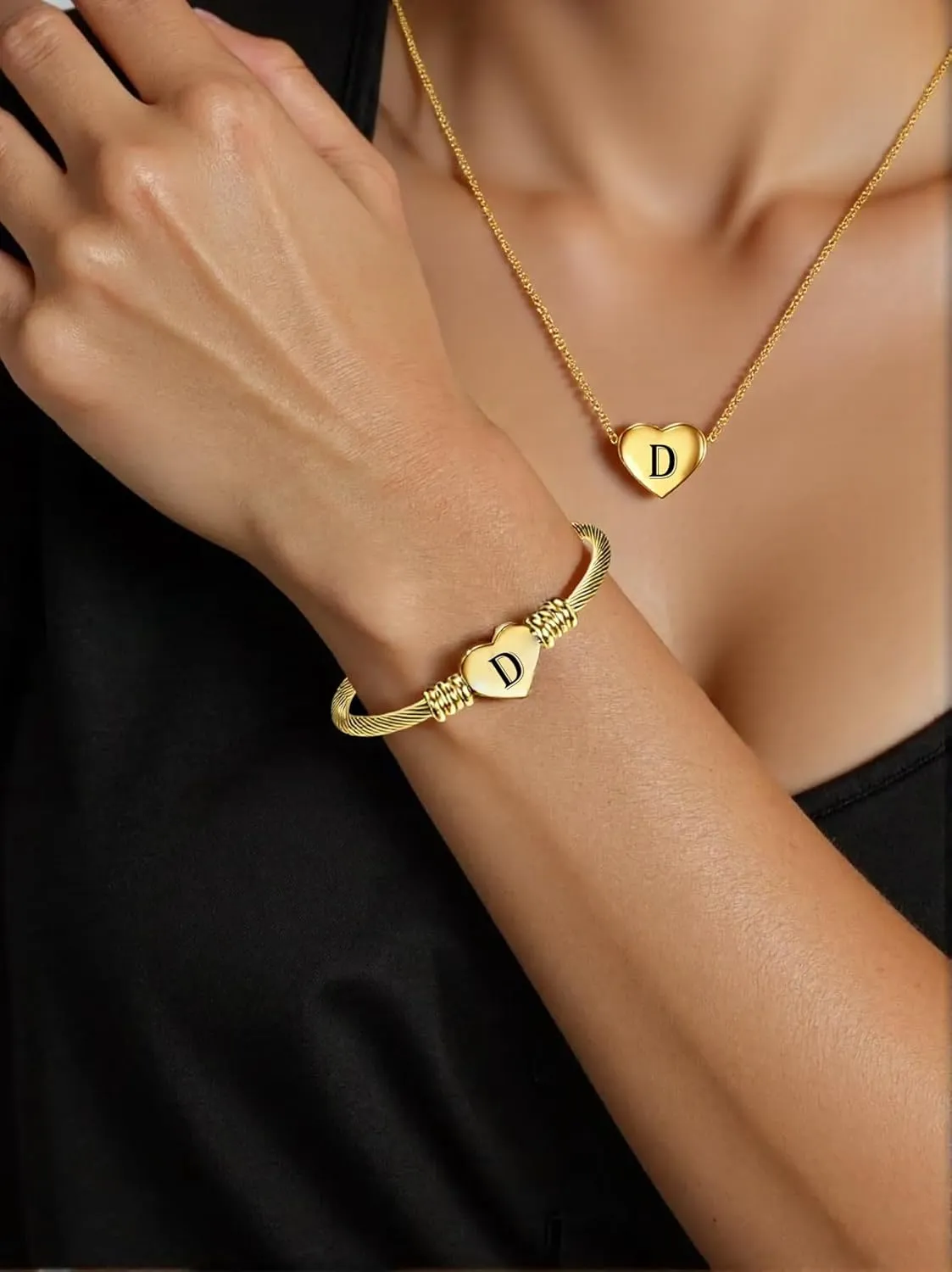 MYNENEY NIBASTAR Heart Name Necklace and Bracelet for Women Stainless Steel A-Z letters Initial Statement Jewelry Set for Mother's Day