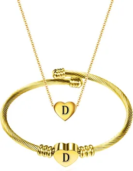 MYNENEY NIBASTAR Heart Name Necklace and Bracelet for Women Stainless Steel A-Z letters Initial Statement Jewelry Set for Mother's Day
