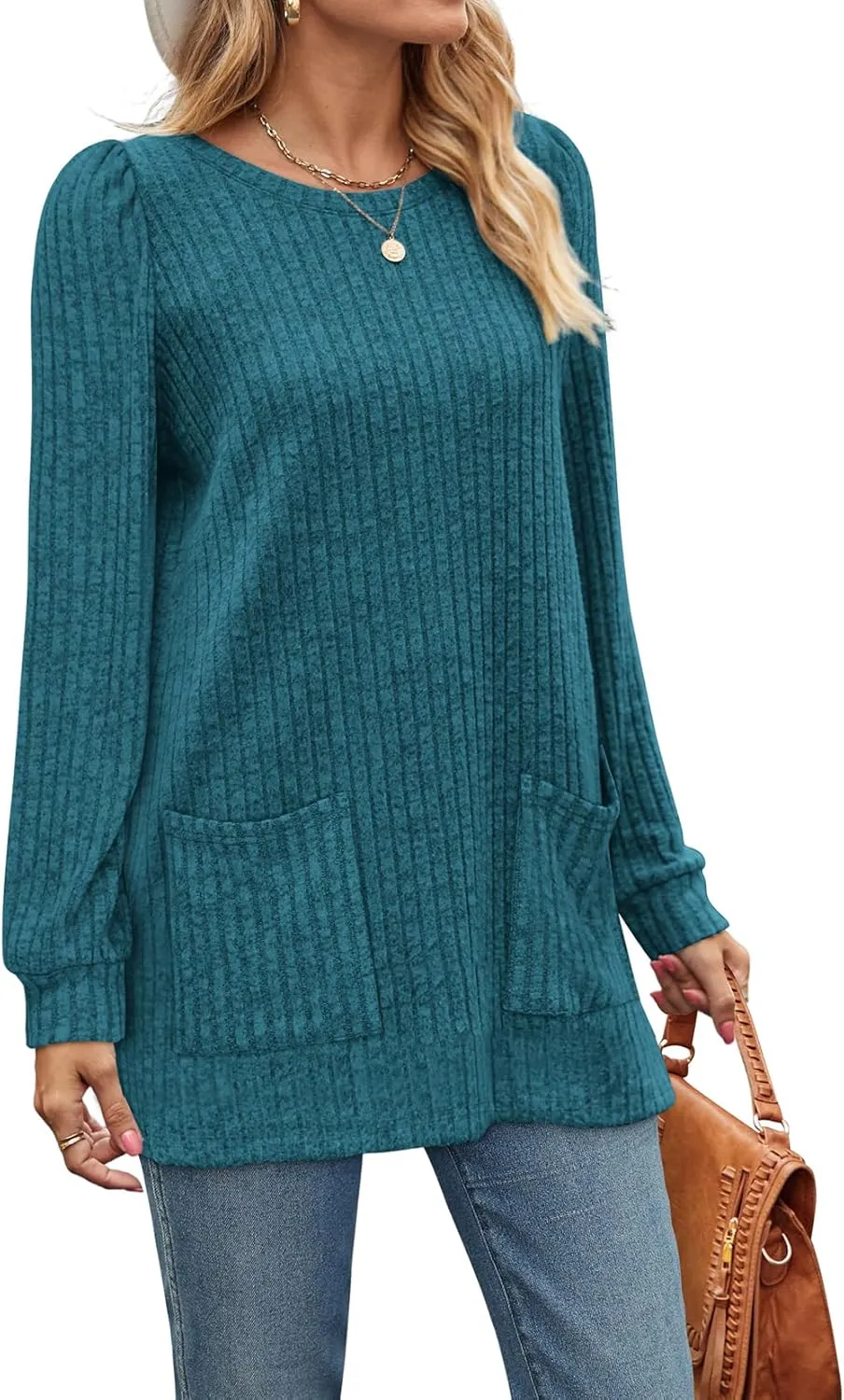 OFEEFAN Long Sleeve Shirts for Women Long Sweaters with Pockets Tunic Tops Loose Fit