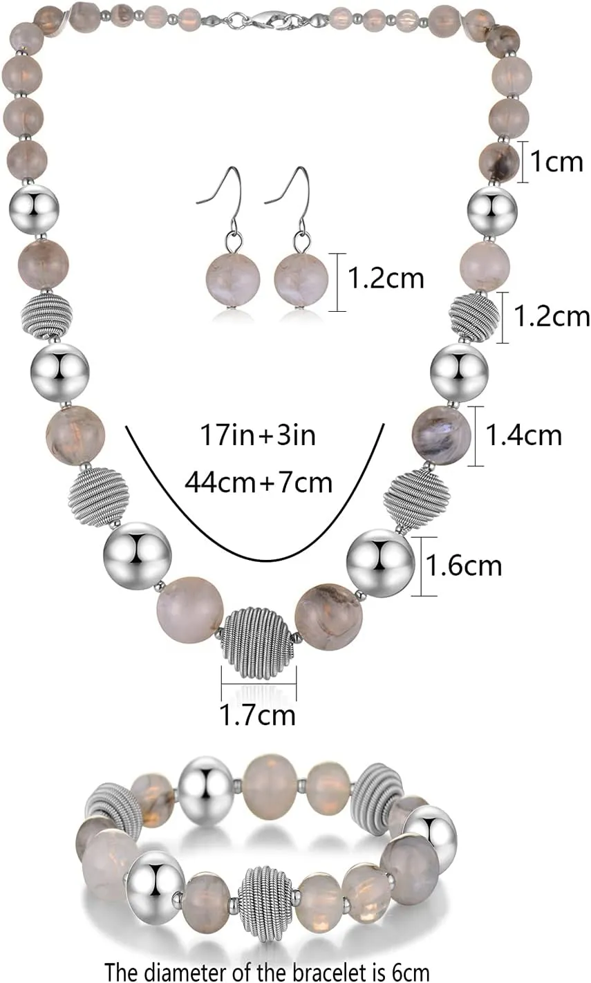 PEARL&CLUB Beaded Chunky Statement Necklace Earring and Bracelet Set Silver Metal Bead Fashion Jewelry Set Mothers Day Gifts for Women