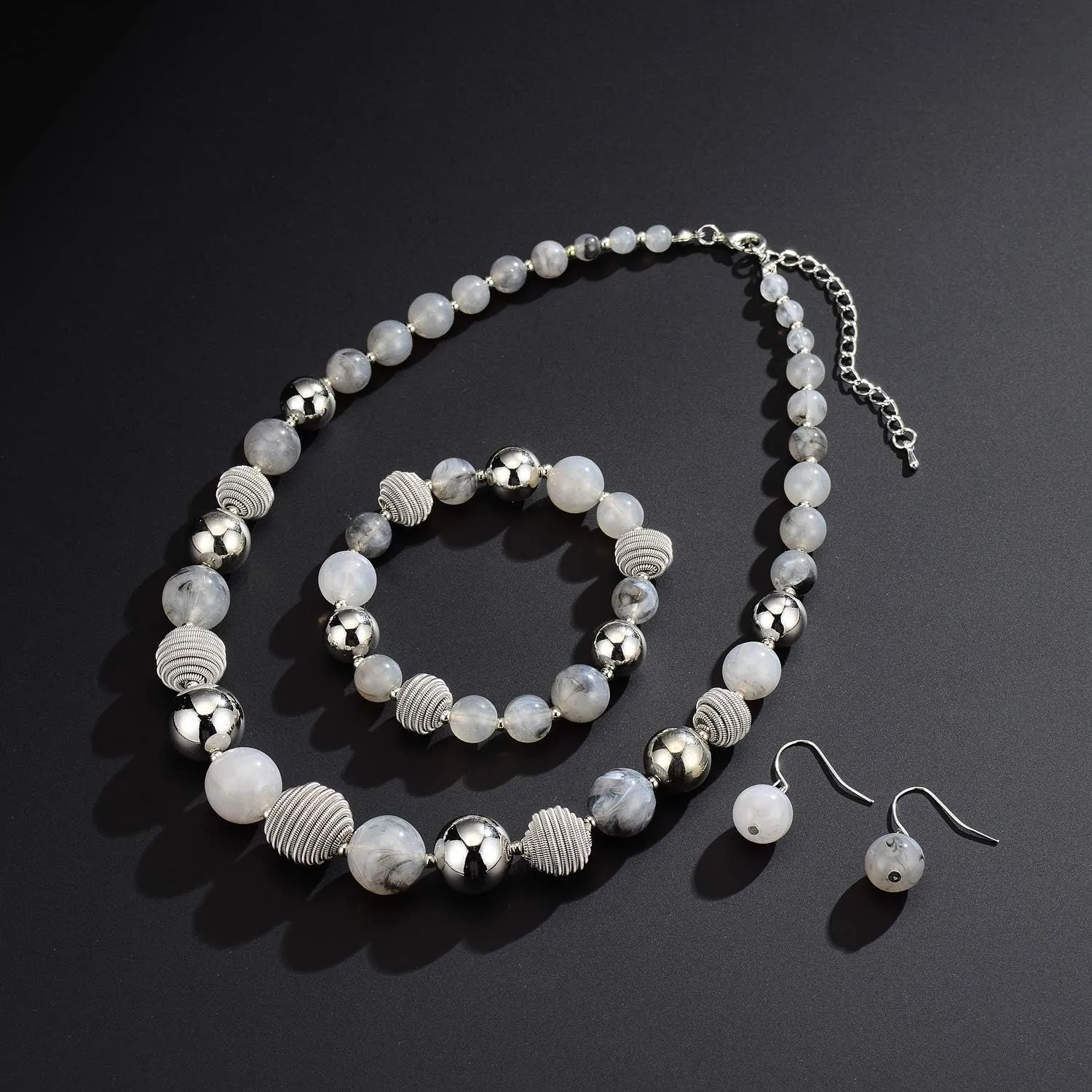 PEARL&CLUB Beaded Chunky Statement Necklace Earring and Bracelet Set Silver Metal Bead Fashion Jewelry Set Mothers Day Gifts for Women