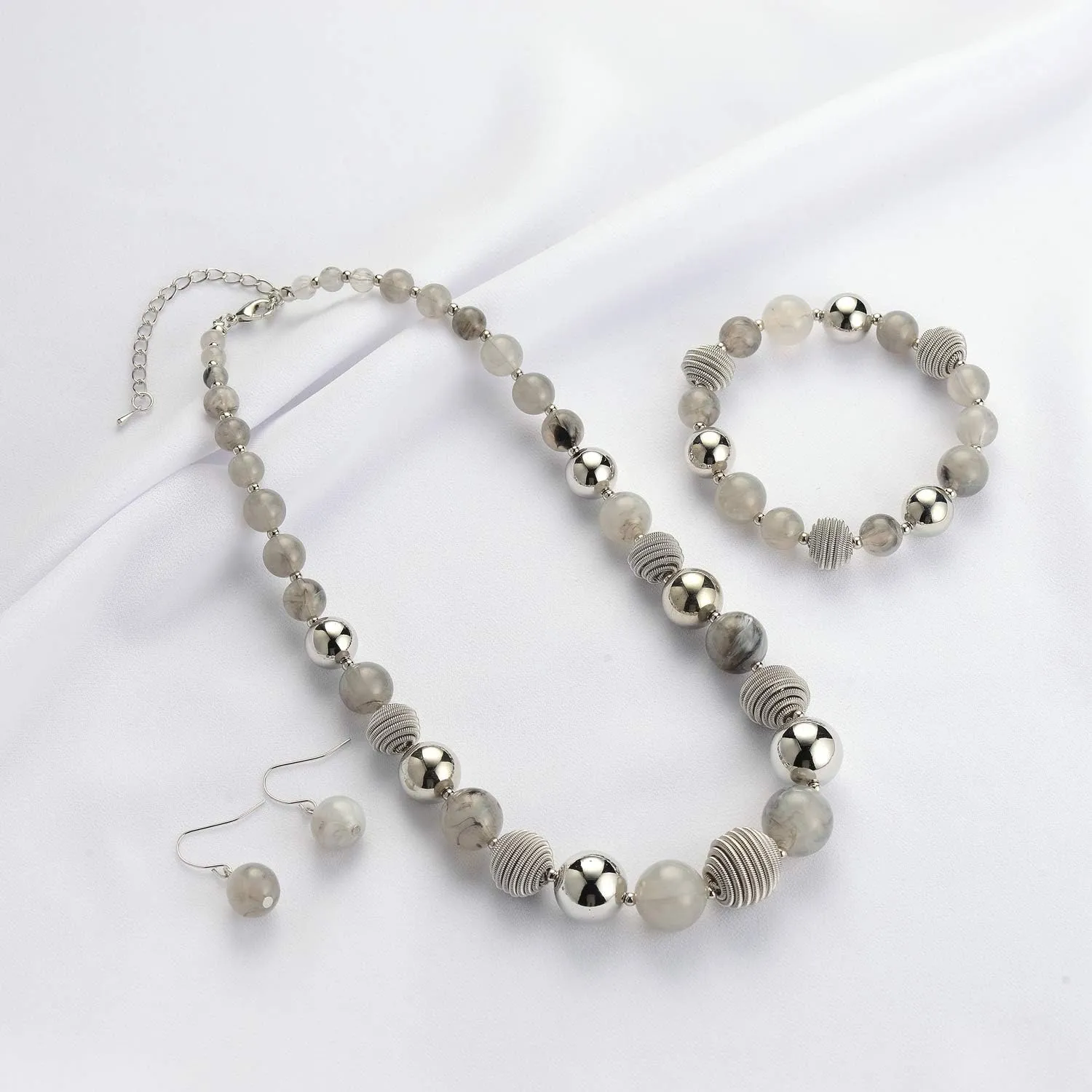 PEARL&CLUB Beaded Chunky Statement Necklace Earring and Bracelet Set Silver Metal Bead Fashion Jewelry Set Mothers Day Gifts for Women
