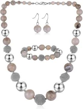 PEARL&CLUB Beaded Chunky Statement Necklace Earring and Bracelet Set Silver Metal Bead Fashion Jewelry Set Mothers Day Gifts for Women