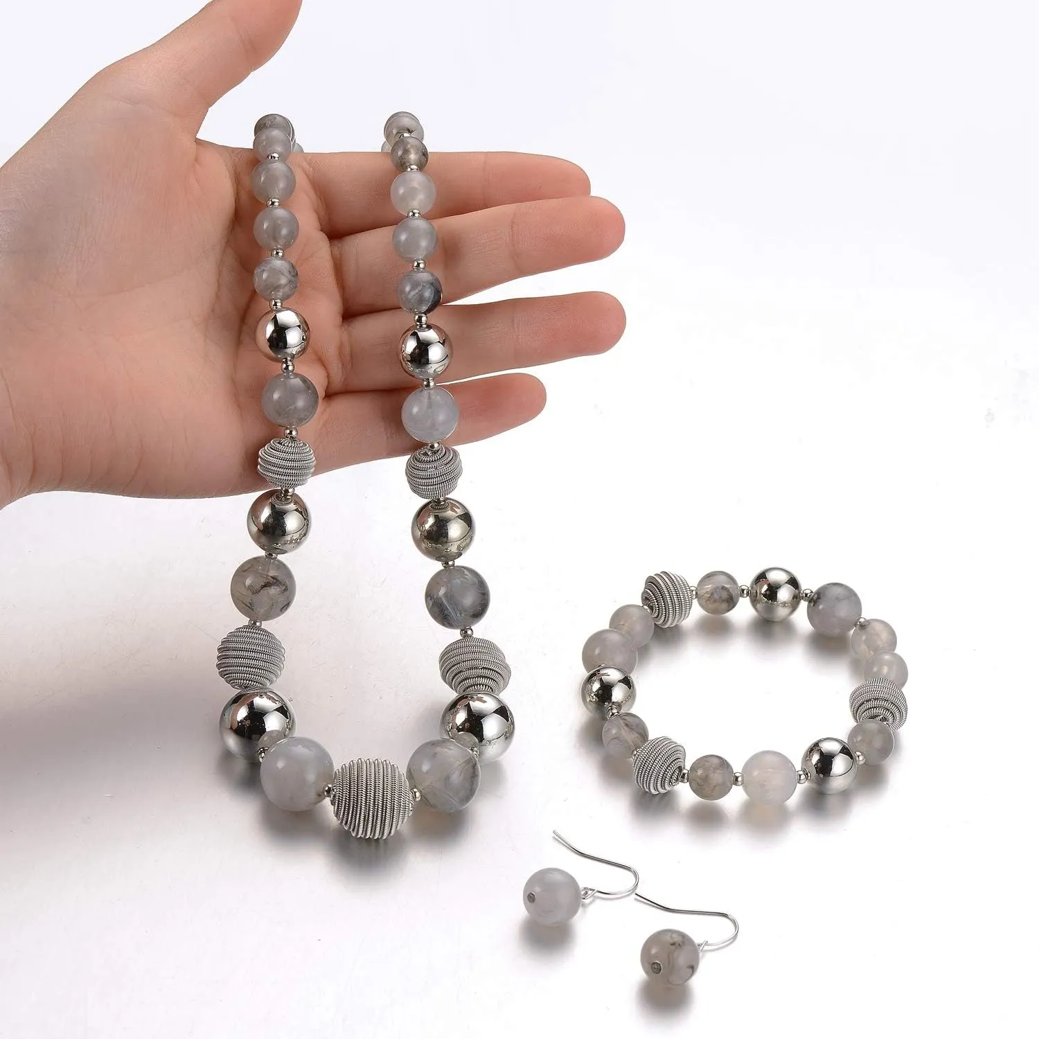 PEARL&CLUB Beaded Chunky Statement Necklace Earring and Bracelet Set Silver Metal Bead Fashion Jewelry Set Mothers Day Gifts for Women