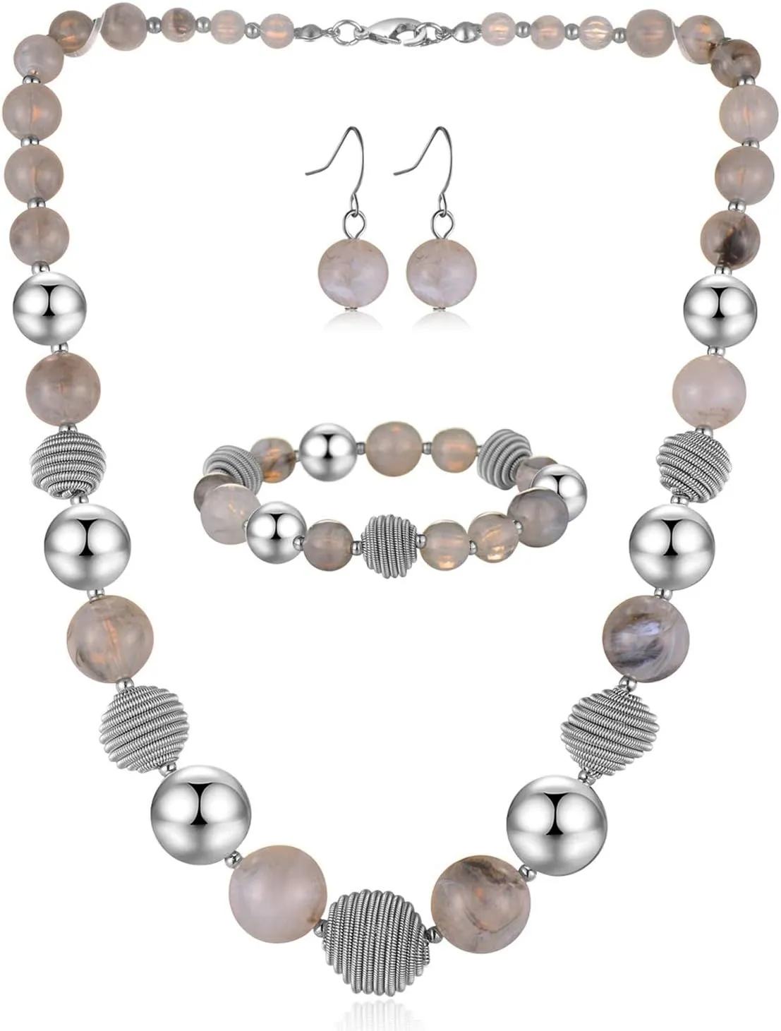 PEARL&CLUB Beaded Chunky Statement Necklace Earring and Bracelet Set Silver Metal Bead Fashion Jewelry Set Mothers Day Gifts for Women