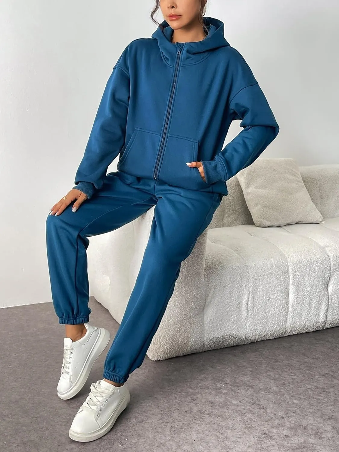 PINSPARK 2 Piece Sets for Women Fleece Sweatsuits Zip Up Hoodie Sweatshirts Drawstring Jogger Sweatpants With Pockets 2024