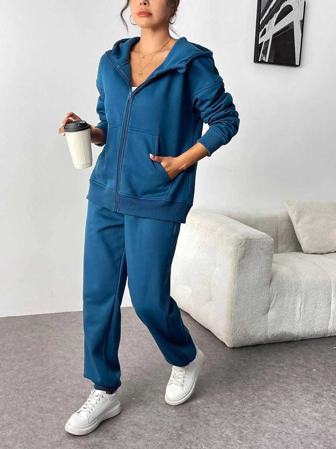 PINSPARK 2 Piece Sets for Women Fleece Sweatsuits Zip Up Hoodie Sweatshirts Drawstring Jogger Sweatpants With Pockets 2024