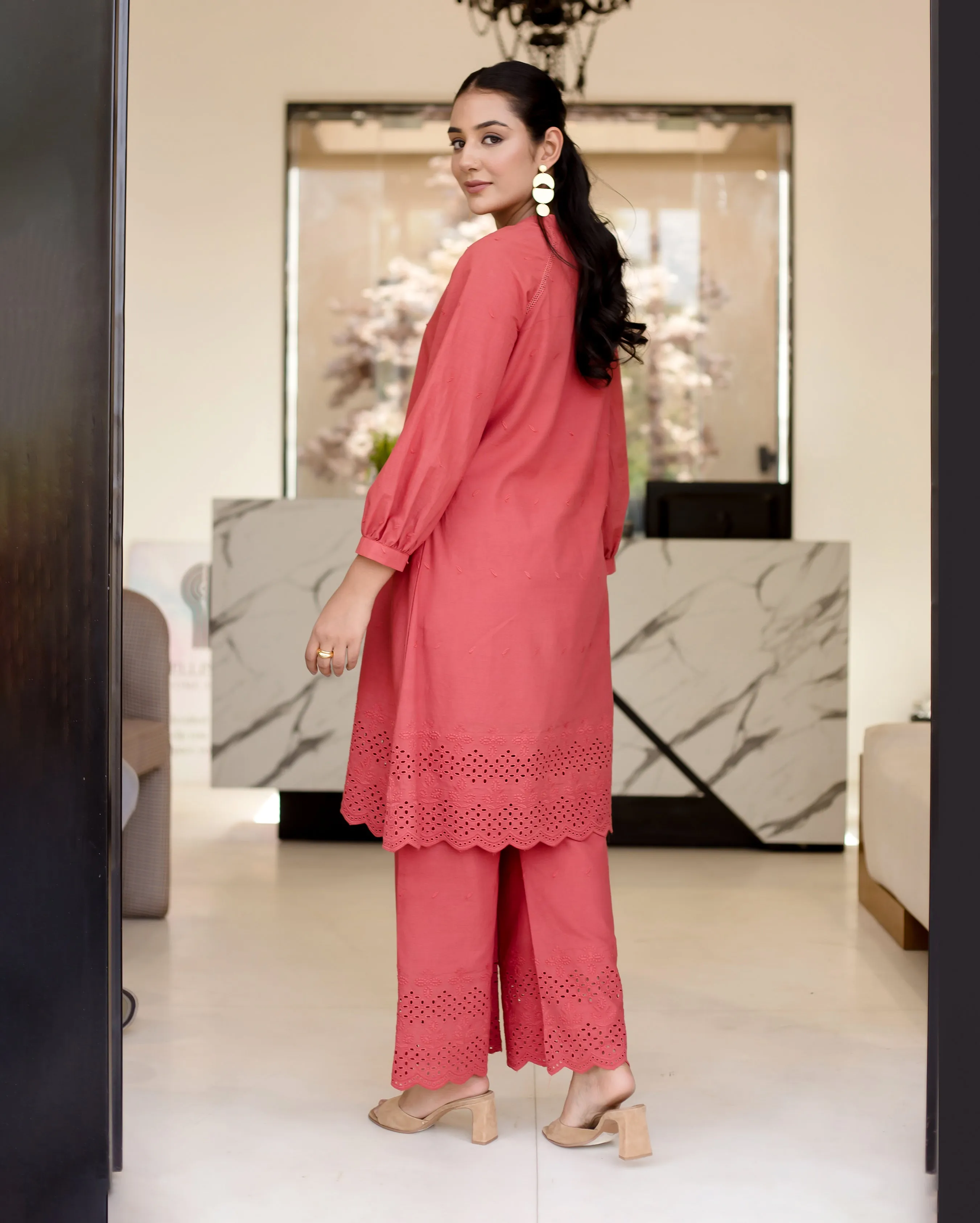 Poppies Red Solid Cotton Schiffli Coord Set