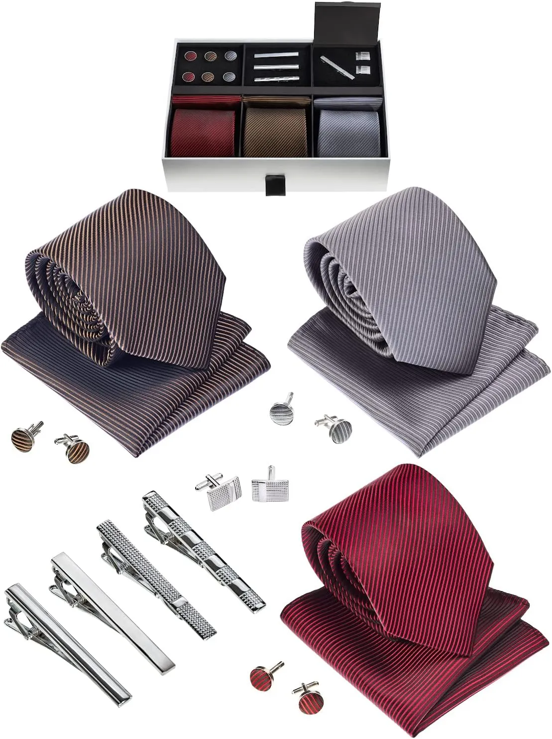 Premium Mens Gift Tie Set Silky Necktie Pocket Squares Tie Clips Cufflinks For Men