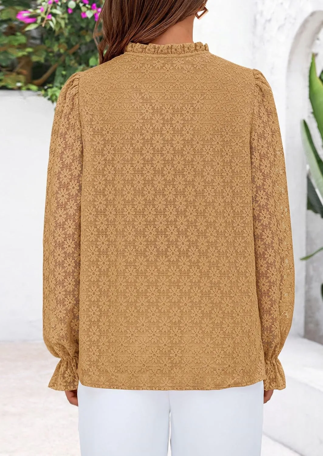 PRETTYGARDEN Lace Long Sleeve Tops for Women Eyelet Blouses Dressy Casual Hollow Out Button Down Shirts Spring Fashion 2025