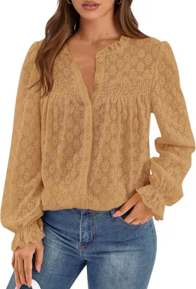 PRETTYGARDEN Lace Long Sleeve Tops for Women Eyelet Blouses Dressy Casual Hollow Out Button Down Shirts Spring Fashion 2025