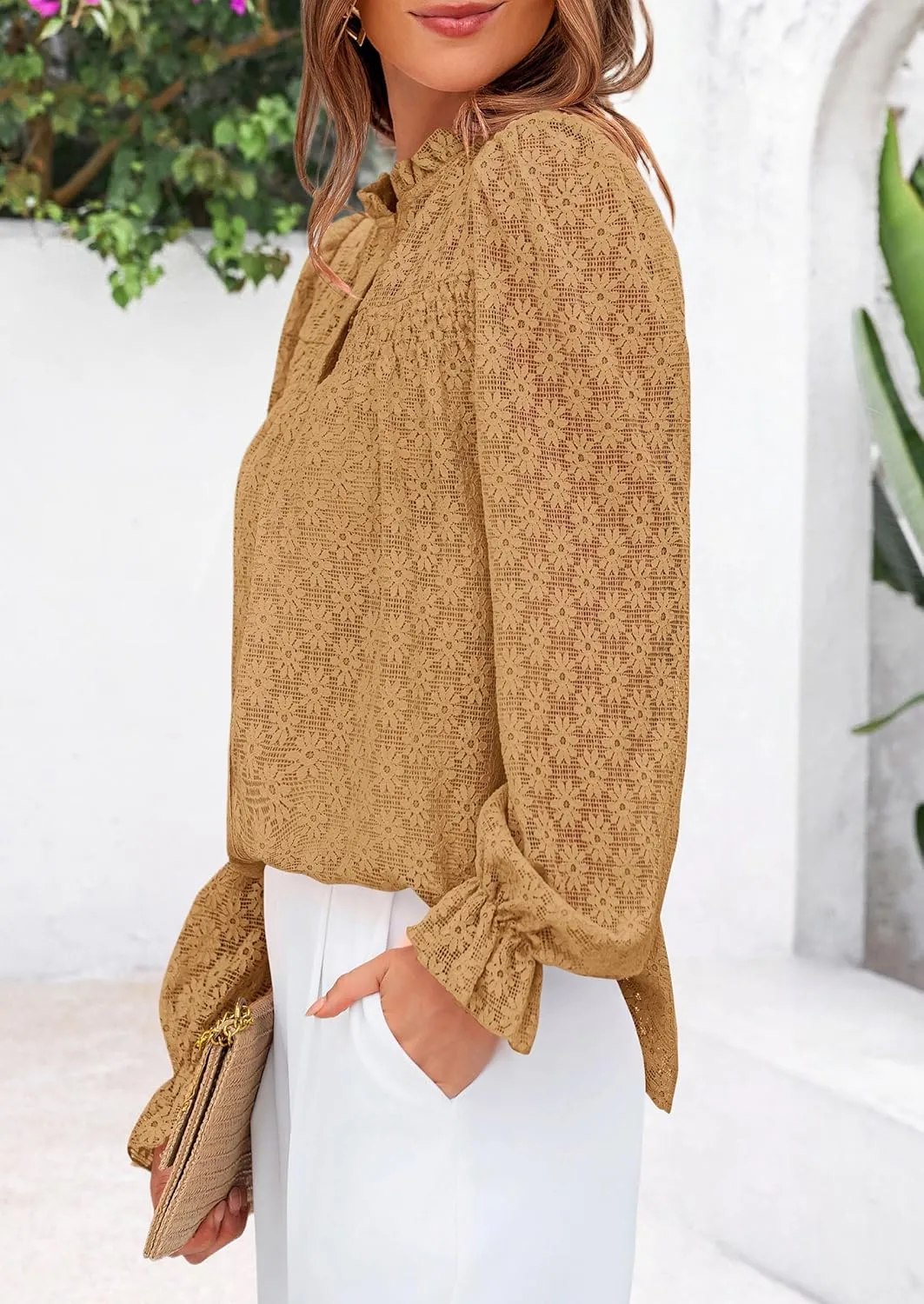 PRETTYGARDEN Lace Long Sleeve Tops for Women Eyelet Blouses Dressy Casual Hollow Out Button Down Shirts Spring Fashion 2025