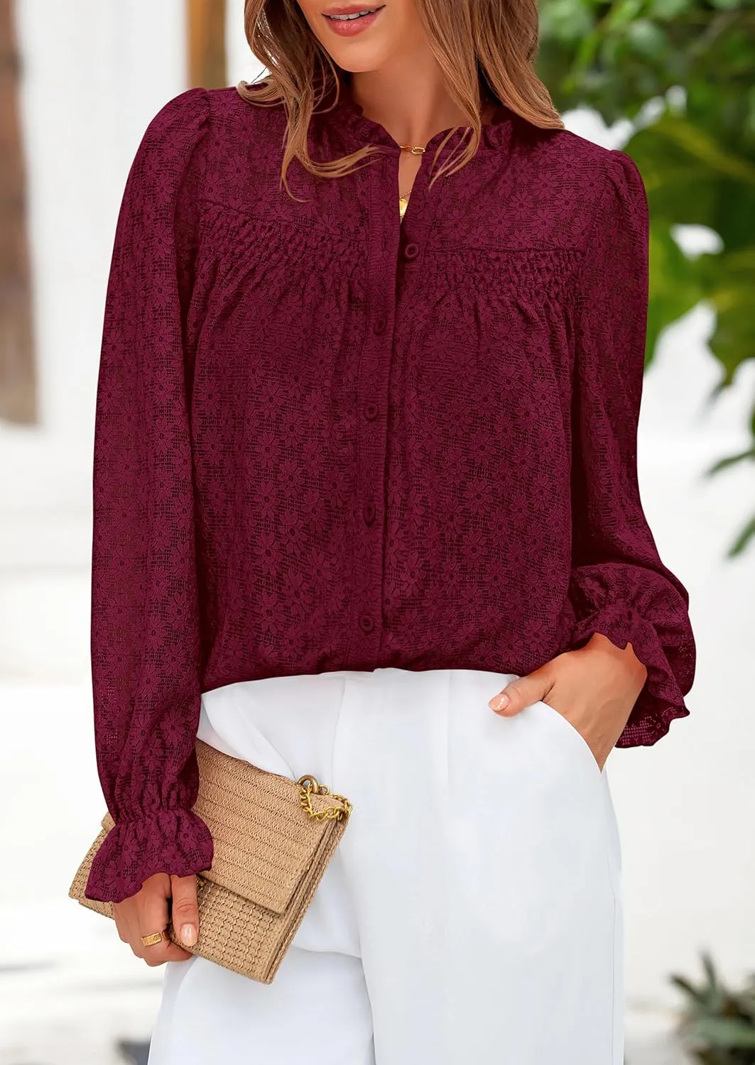 PRETTYGARDEN Lace Long Sleeve Tops for Women Eyelet Blouses Dressy Casual Hollow Out Button Down Shirts Spring Fashion 2025