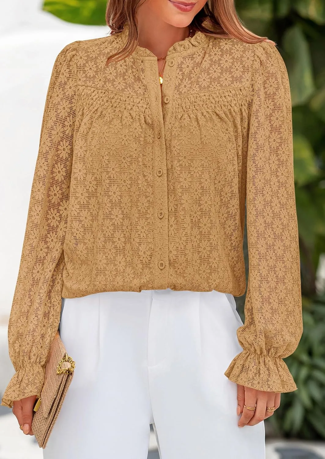 PRETTYGARDEN Lace Long Sleeve Tops for Women Eyelet Blouses Dressy Casual Hollow Out Button Down Shirts Spring Fashion 2025