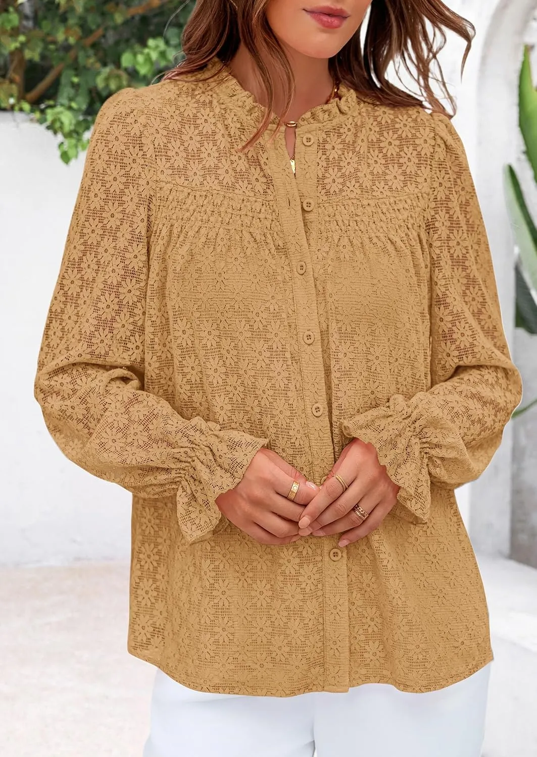 PRETTYGARDEN Lace Long Sleeve Tops for Women Eyelet Blouses Dressy Casual Hollow Out Button Down Shirts Spring Fashion 2025