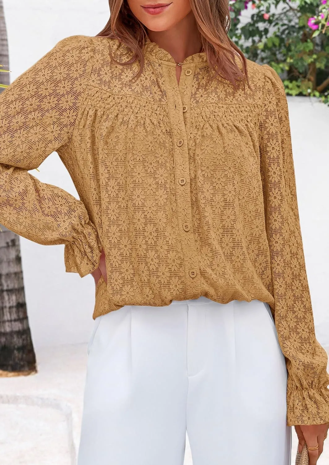 PRETTYGARDEN Lace Long Sleeve Tops for Women Eyelet Blouses Dressy Casual Hollow Out Button Down Shirts Spring Fashion 2025
