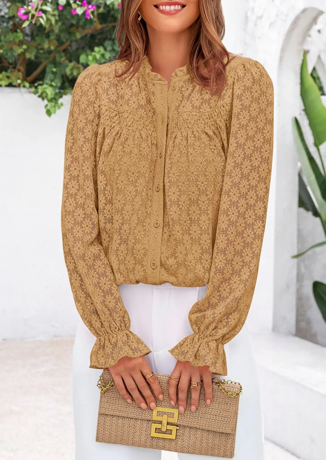 PRETTYGARDEN Lace Long Sleeve Tops for Women Eyelet Blouses Dressy Casual Hollow Out Button Down Shirts Spring Fashion 2025