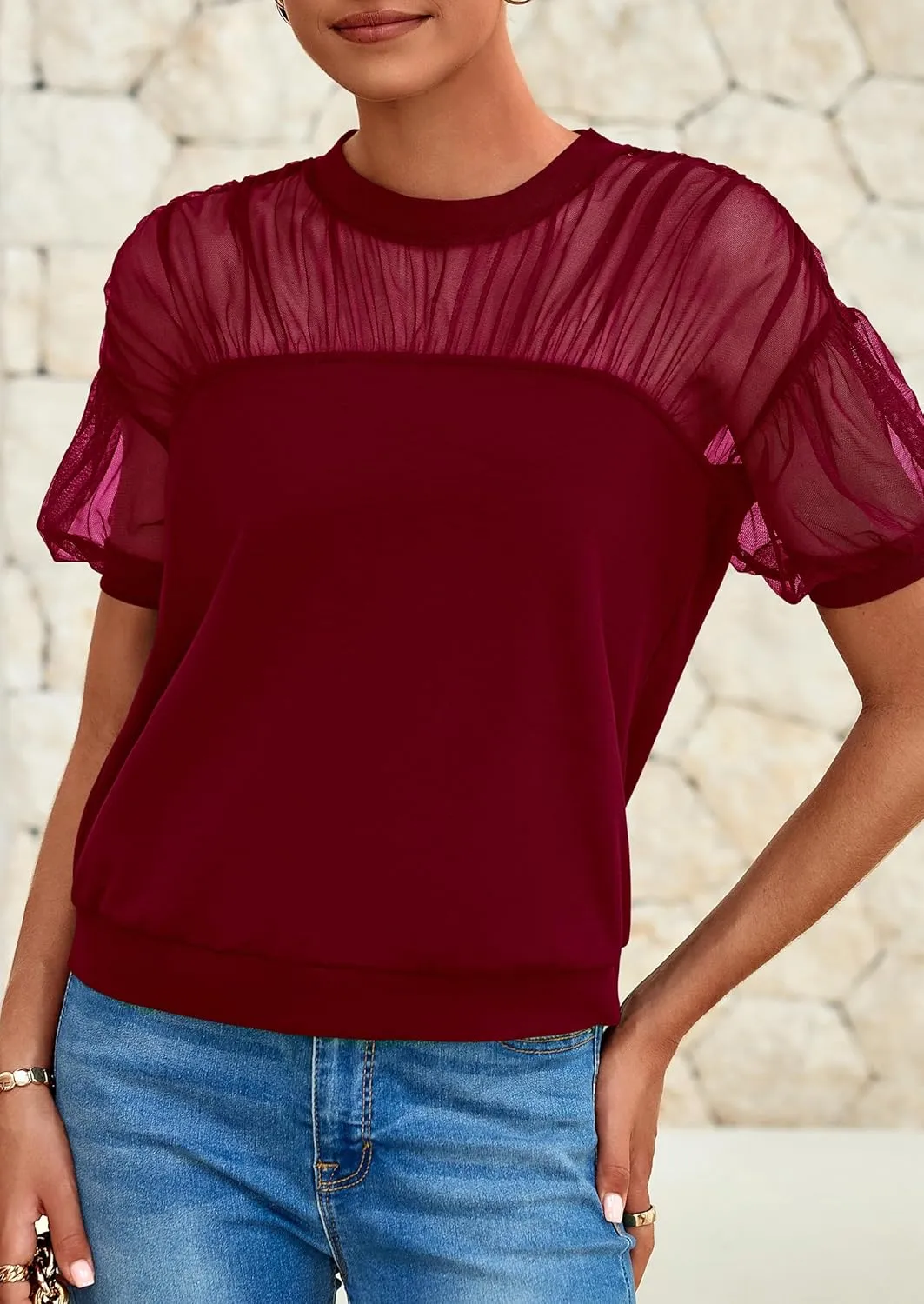 PRETTYGARDEN Women's 2025 Summer Crew Neck Short Sleeve Shirts Lace Going Out Sheer Mesh Crop Tops Dressy Casual Blouses