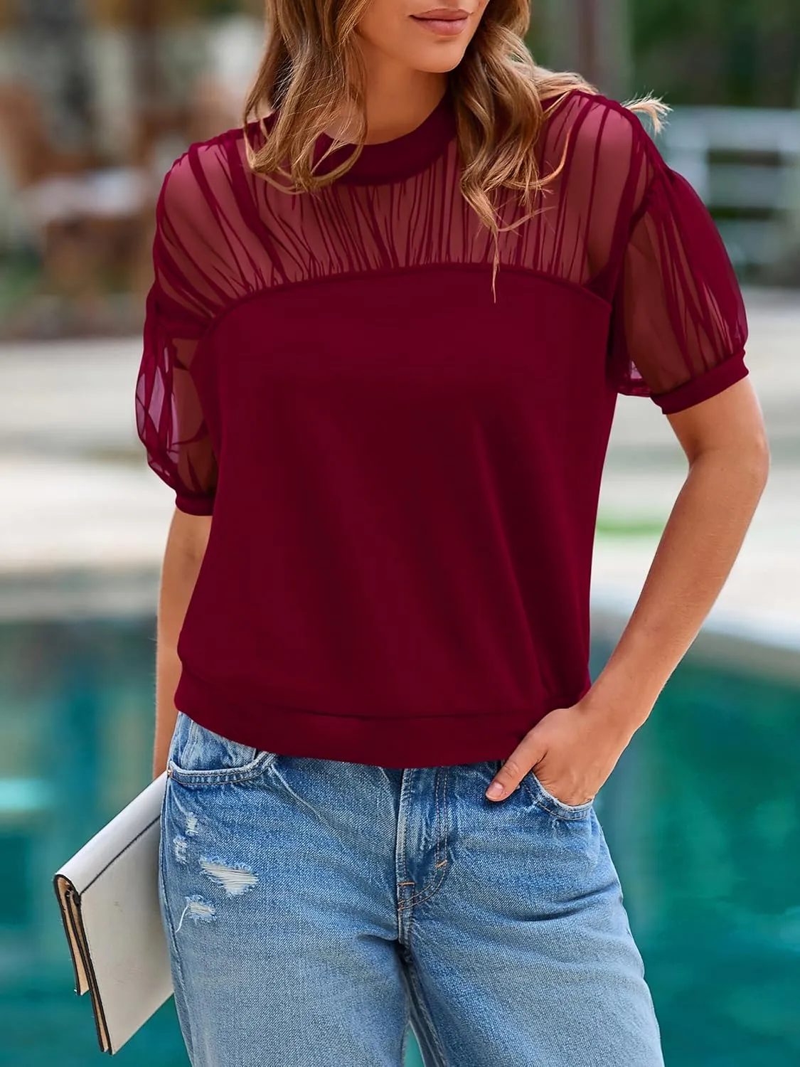 PRETTYGARDEN Women's 2025 Summer Crew Neck Short Sleeve Shirts Lace Going Out Sheer Mesh Crop Tops Dressy Casual Blouses