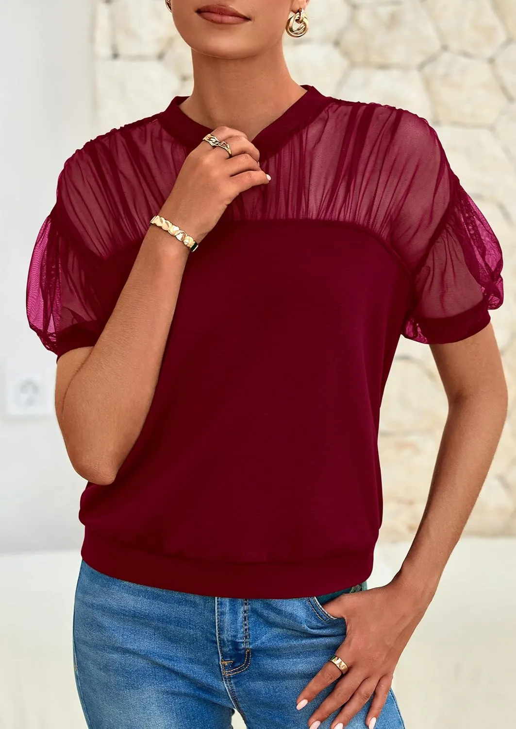 PRETTYGARDEN Women's 2025 Summer Crew Neck Short Sleeve Shirts Lace Going Out Sheer Mesh Crop Tops Dressy Casual Blouses