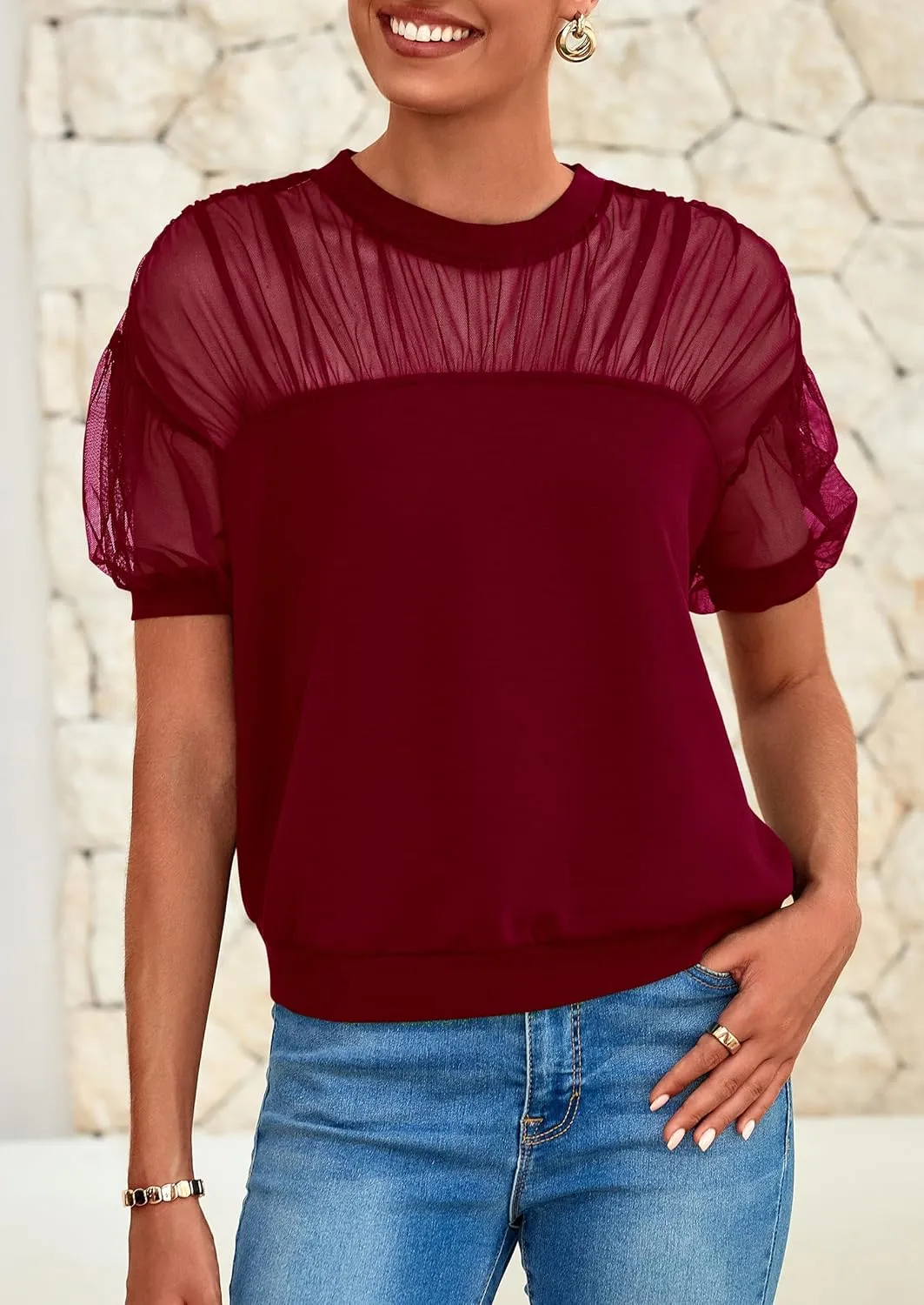 PRETTYGARDEN Women's 2025 Summer Crew Neck Short Sleeve Shirts Lace Going Out Sheer Mesh Crop Tops Dressy Casual Blouses