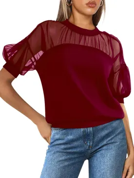 PRETTYGARDEN Women's 2025 Summer Crew Neck Short Sleeve Shirts Lace Going Out Sheer Mesh Crop Tops Dressy Casual Blouses