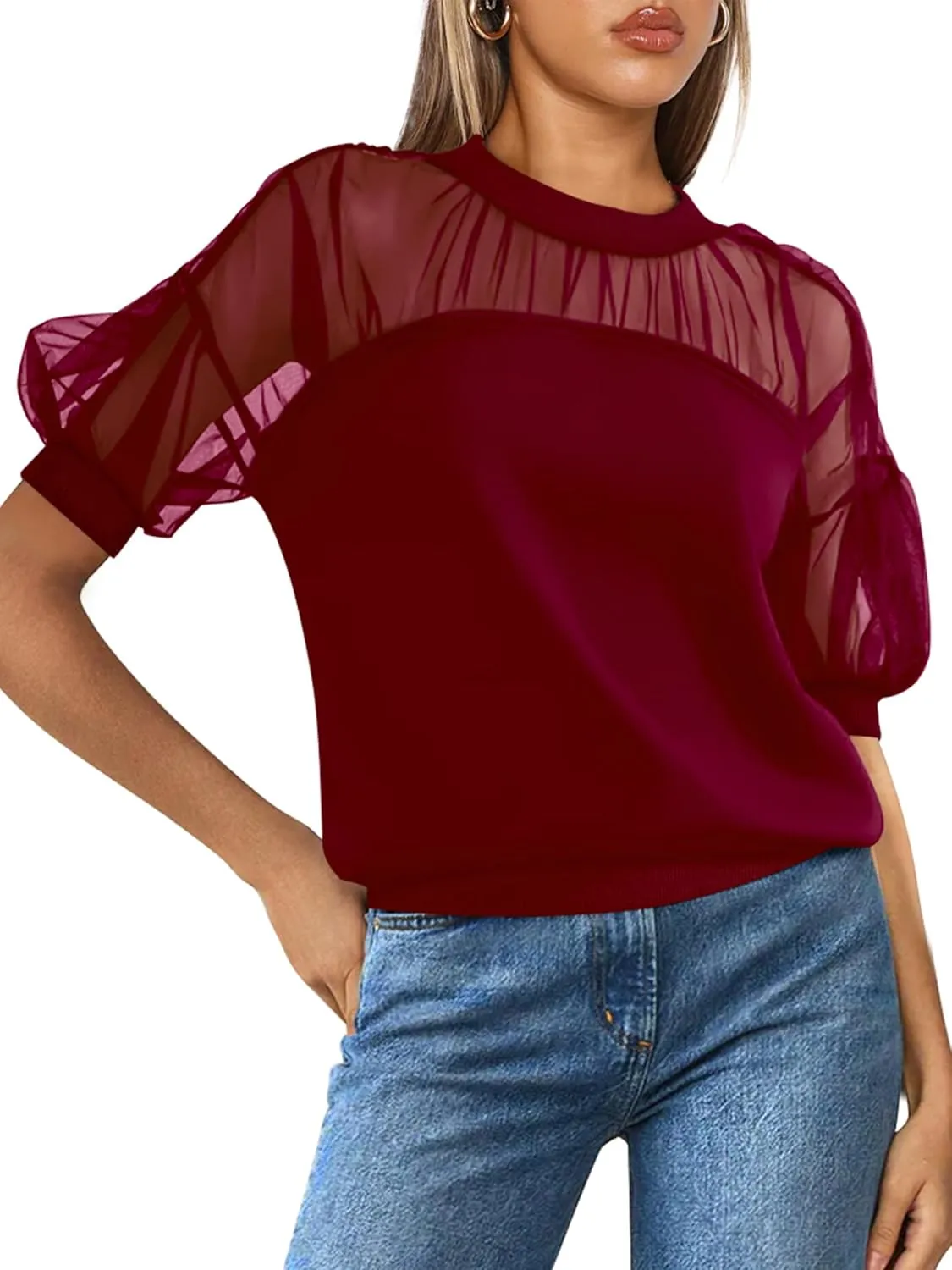 PRETTYGARDEN Women's 2025 Summer Crew Neck Short Sleeve Shirts Lace Going Out Sheer Mesh Crop Tops Dressy Casual Blouses