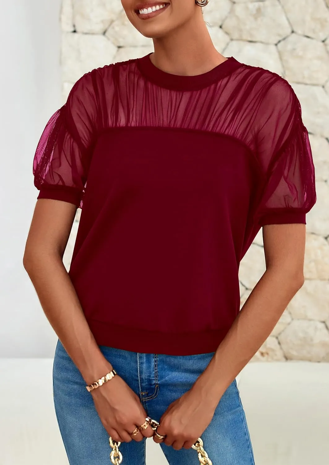 PRETTYGARDEN Women's 2025 Summer Crew Neck Short Sleeve Shirts Lace Going Out Sheer Mesh Crop Tops Dressy Casual Blouses