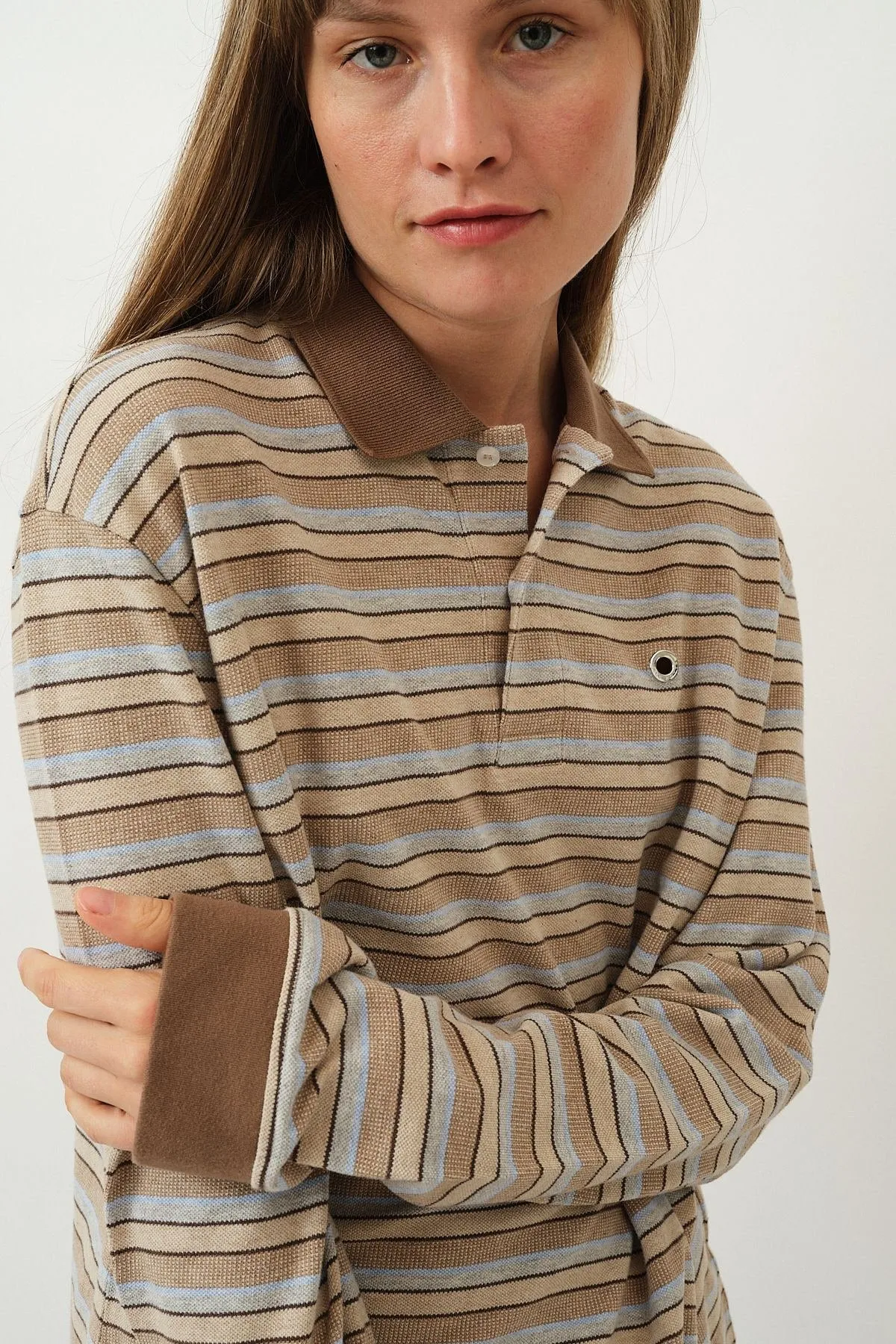Serena Polo Shirt — Brown Shadow Stripe
