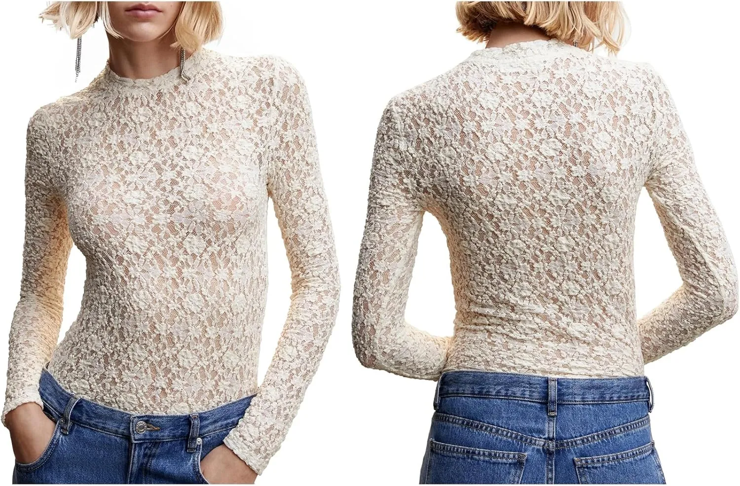 Sheer Mesh Long Sleeve Layering Tops for Women Crew Neck Floral Lace Blouse Sexy See Through Going Out Shirts