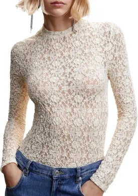 Sheer Mesh Long Sleeve Layering Tops for Women Crew Neck Floral Lace Blouse Sexy See Through Going Out Shirts