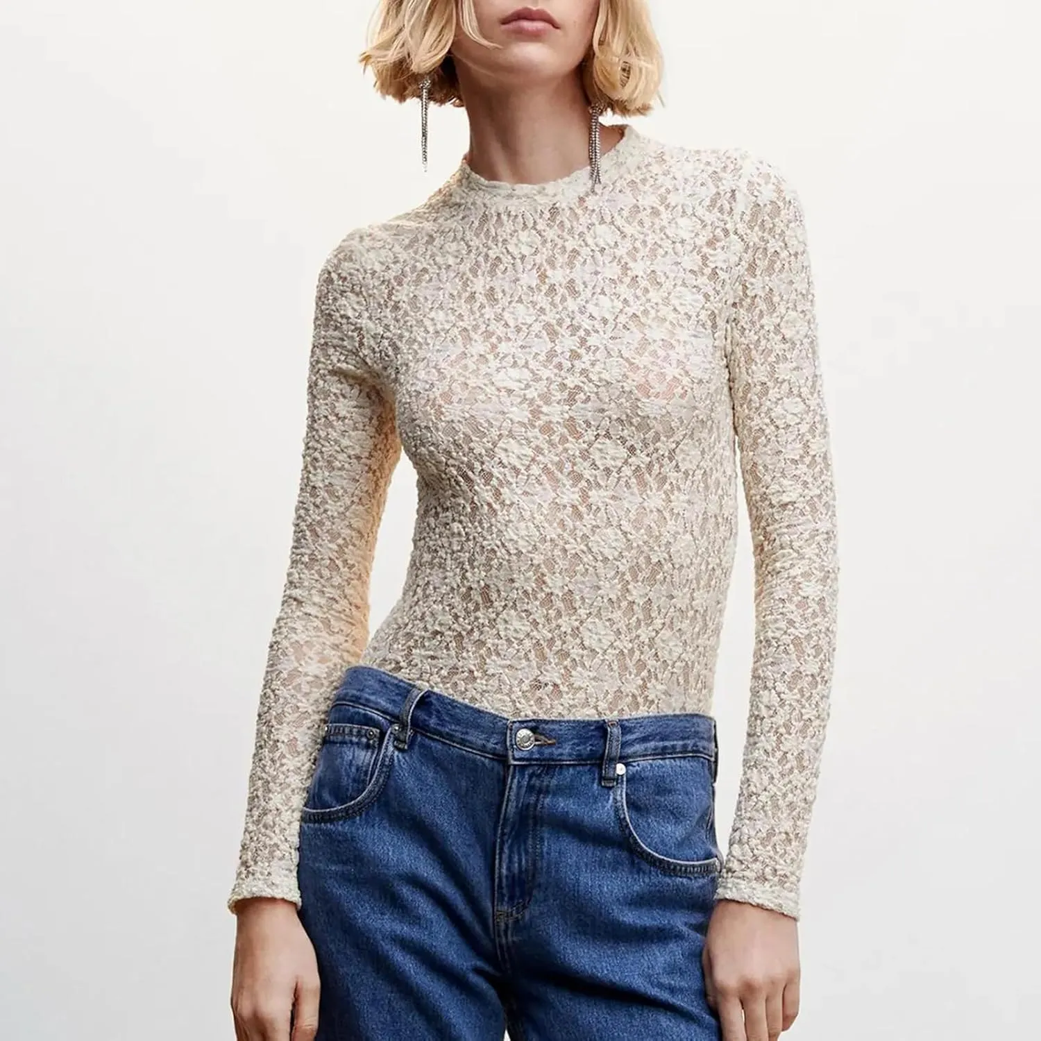 Sheer Mesh Long Sleeve Layering Tops for Women Crew Neck Floral Lace Blouse Sexy See Through Going Out Shirts