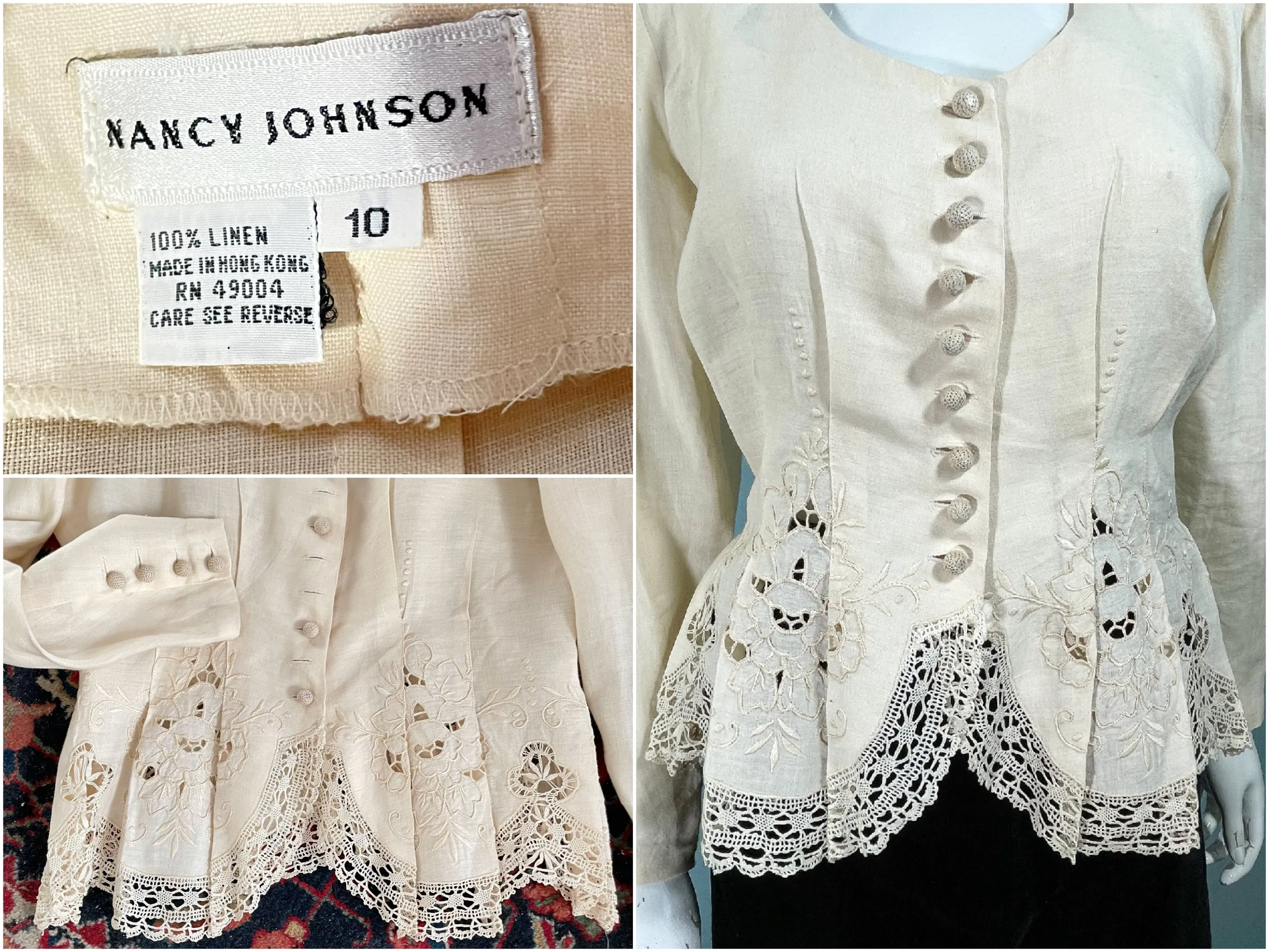 Vintage Nancy Johnson Victorian-Style Embroidered Cutwork Jacket/Blouse - Elegant Classic Top