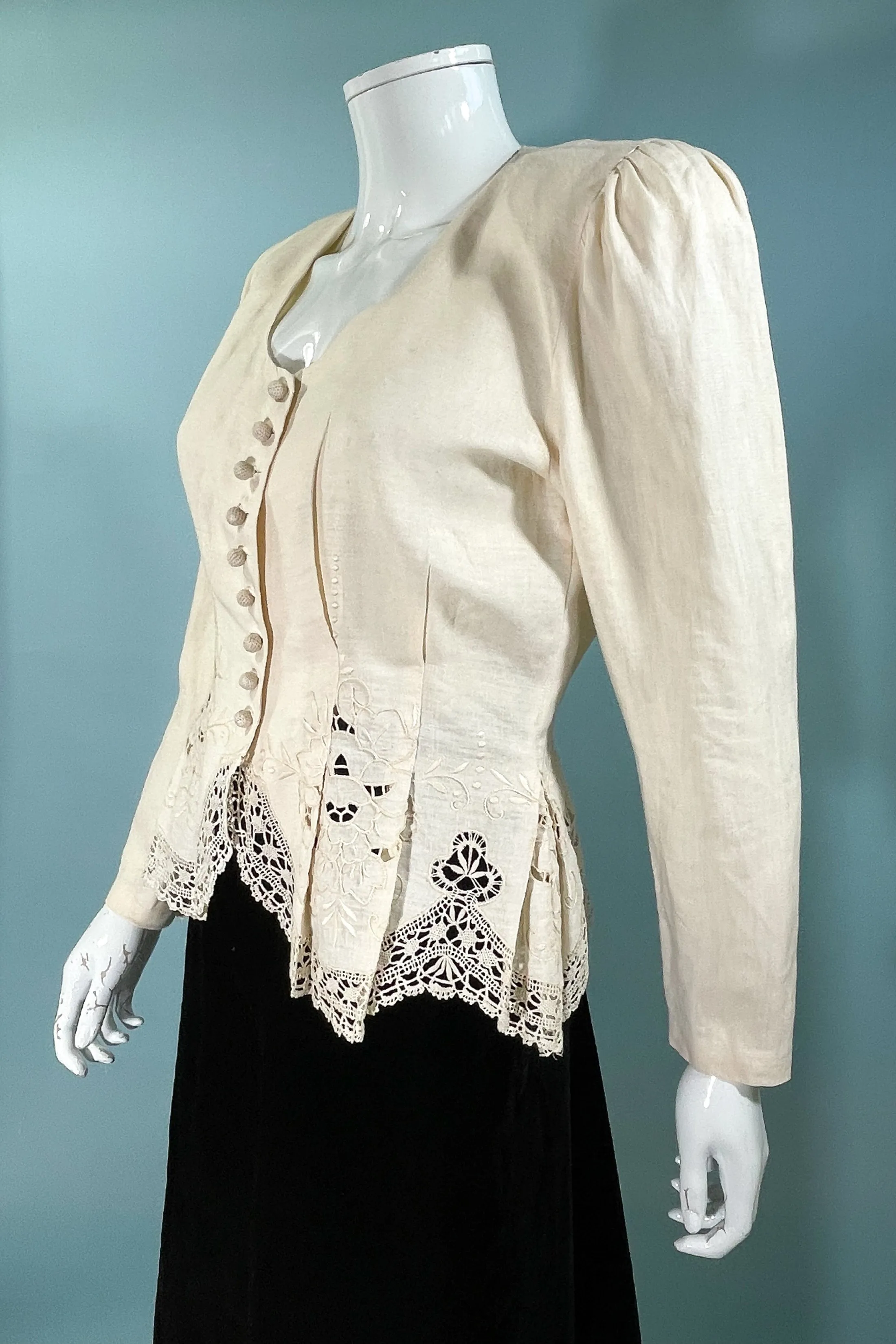 Vintage Nancy Johnson Victorian-Style Embroidered Cutwork Jacket/Blouse - Elegant Classic Top