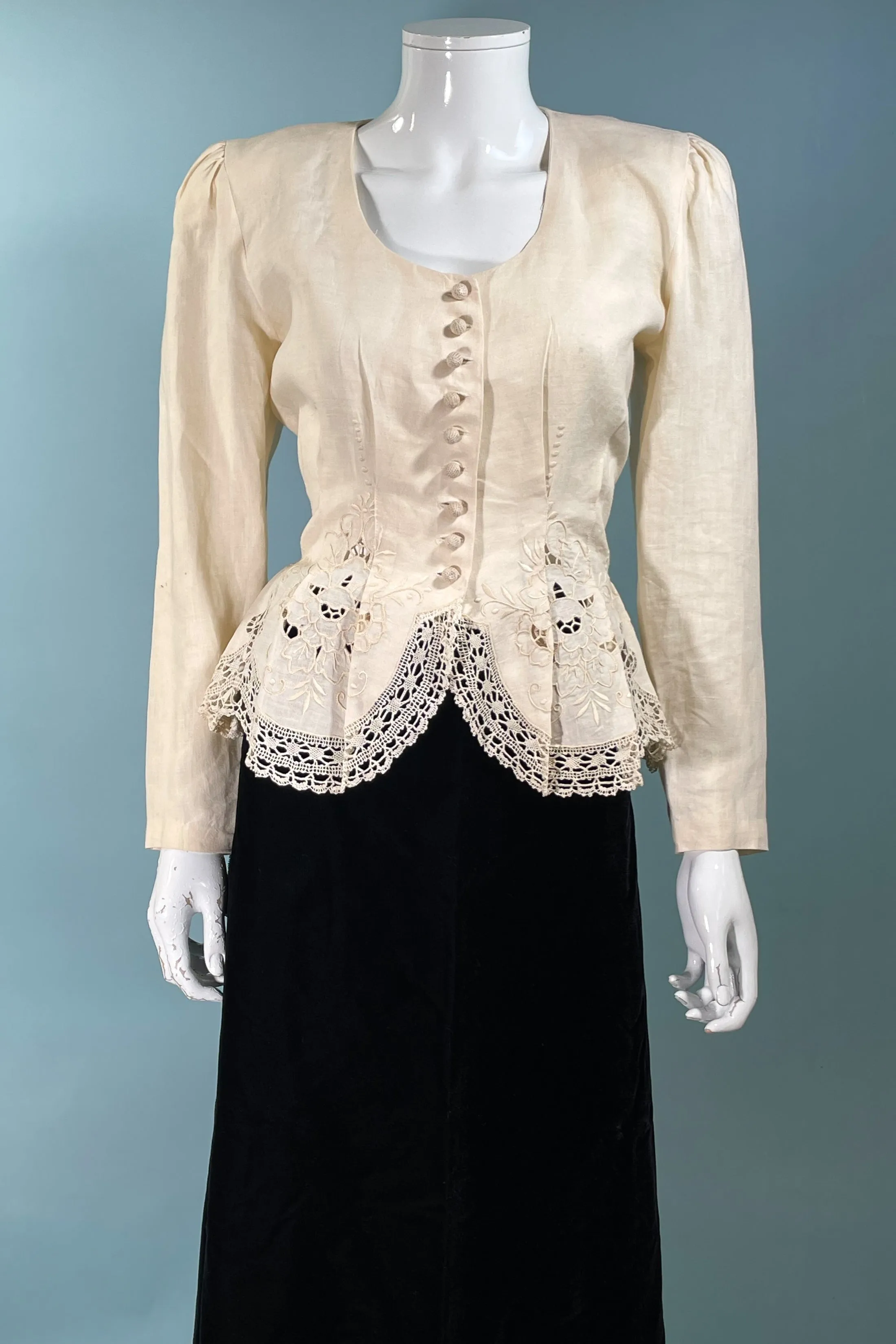 Vintage Nancy Johnson Victorian-Style Embroidered Cutwork Jacket/Blouse - Elegant Classic Top