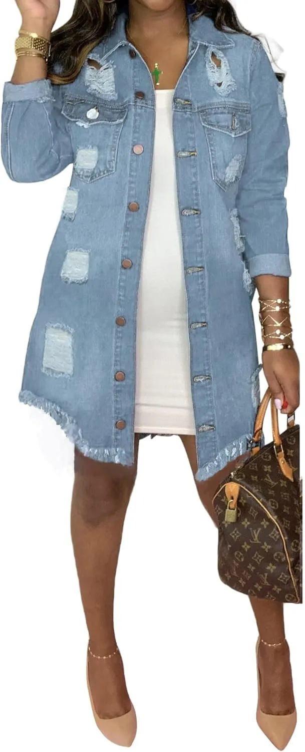 Songling Women's Distressed Ripped Sleeveless Mid Long Denim Jacket Jean Vest Cardigan Coats