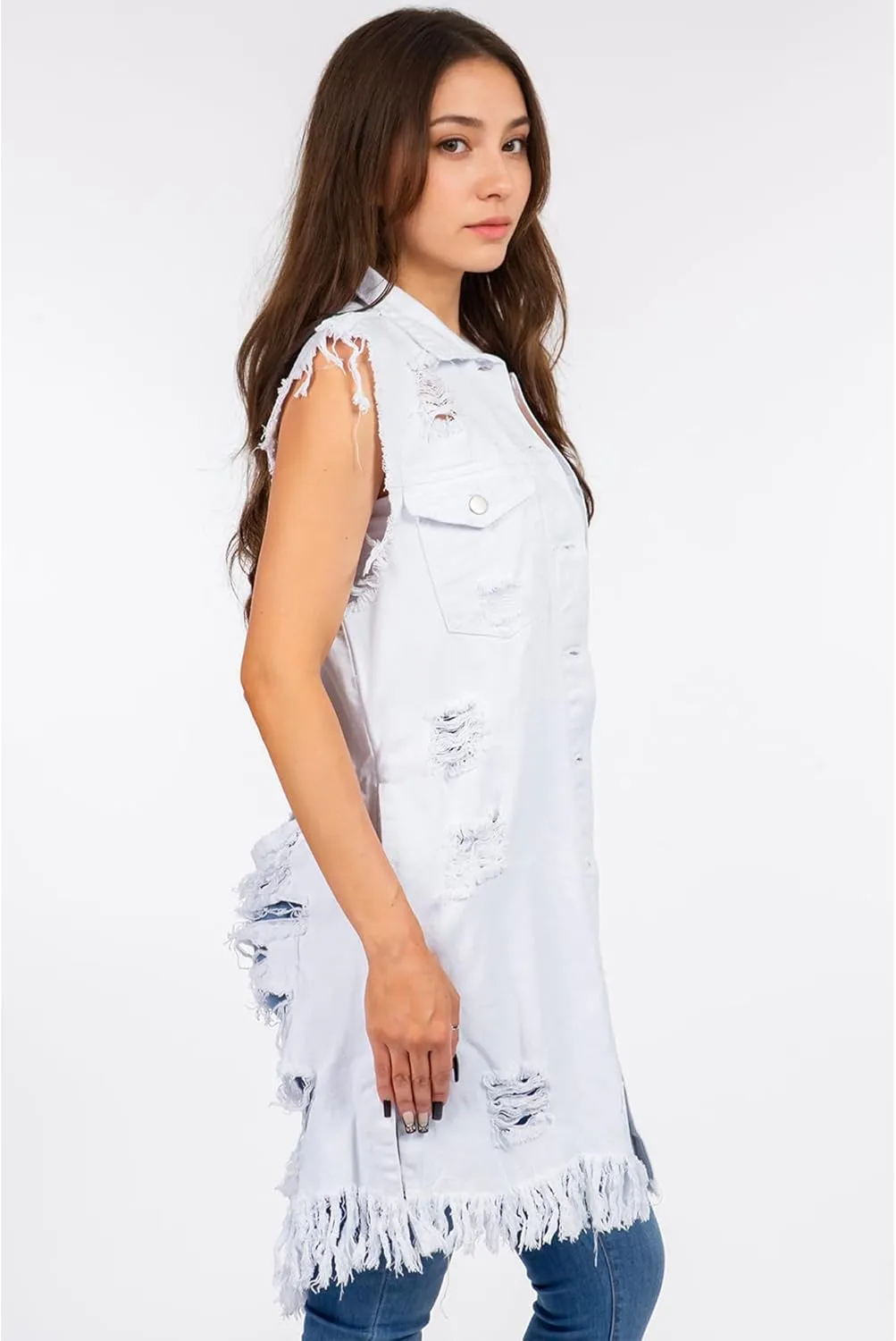 Songling Women's Distressed Ripped Sleeveless Mid Long Denim Jacket Jean Vest Cardigan Coats