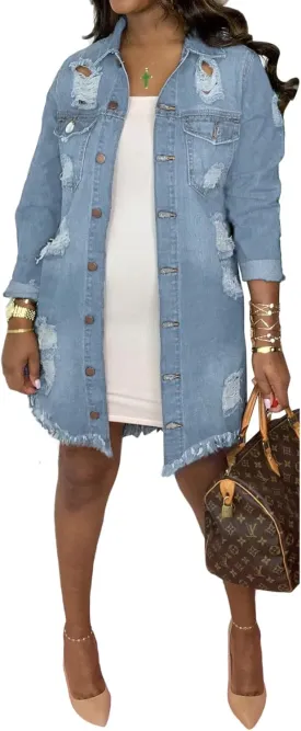 Songling Women's Distressed Ripped Sleeveless Mid Long Denim Jacket Jean Vest Cardigan Coats