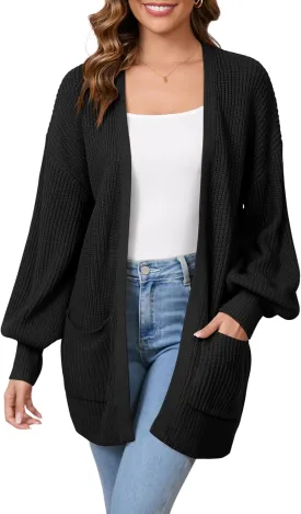 SPR&JOY Womens Lantern Sleeve Cardigan Sweaters, Drop Shoulder Open Front Knit Tops, Solid Loose Outwear Coats with Pockets