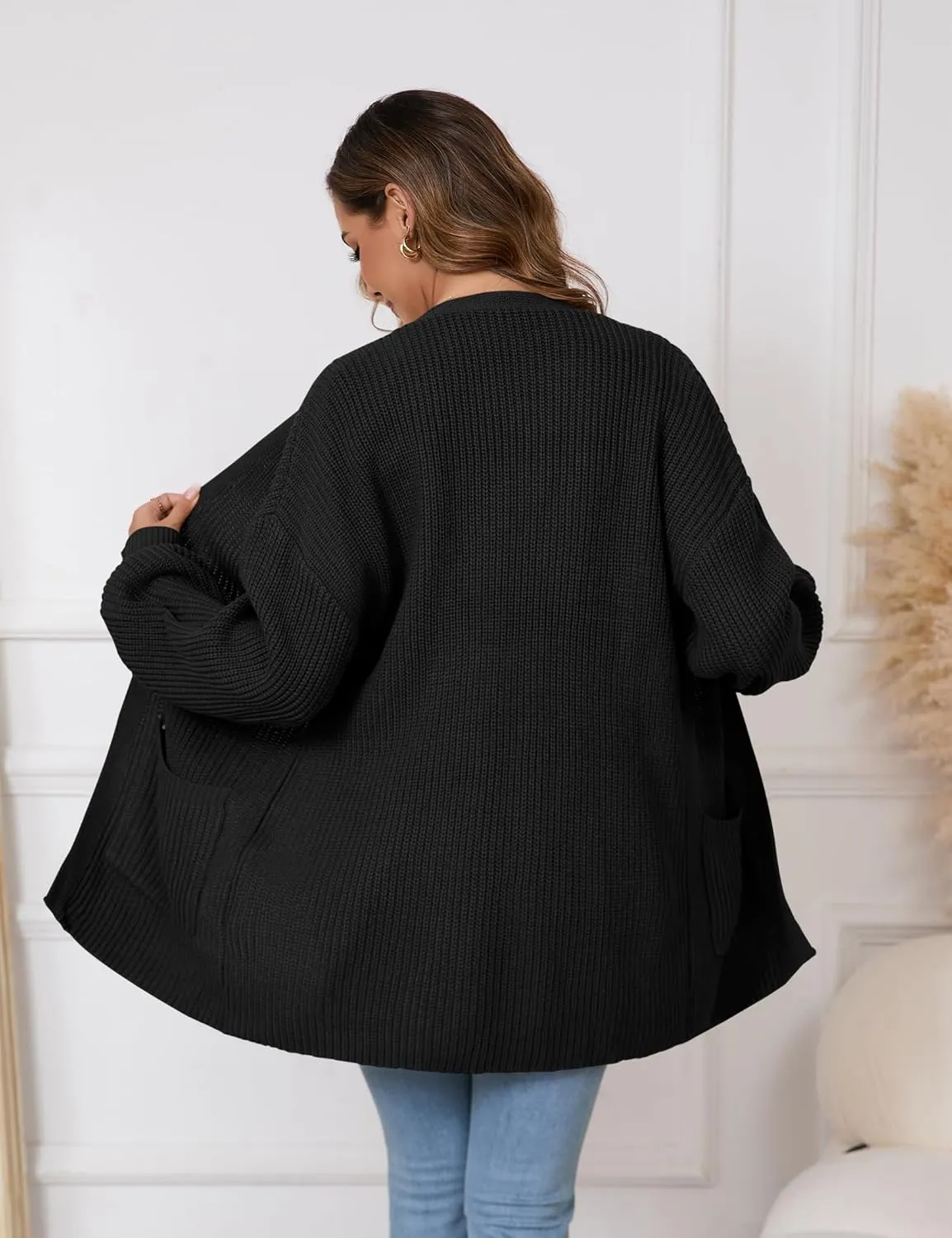 SPR&JOY Womens Lantern Sleeve Cardigan Sweaters, Drop Shoulder Open Front Knit Tops, Solid Loose Outwear Coats with Pockets